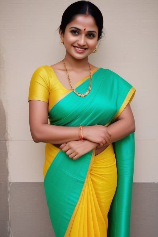 pretty like princess, Poor poverty woman wearing bright yellow Soft Silk Saree With tight bright yellow blouse,full body portrait,average brest,hair bun,poor household,hot curvy body,lusty face, smiling expression,,<lora:659095807385103906:1.0>