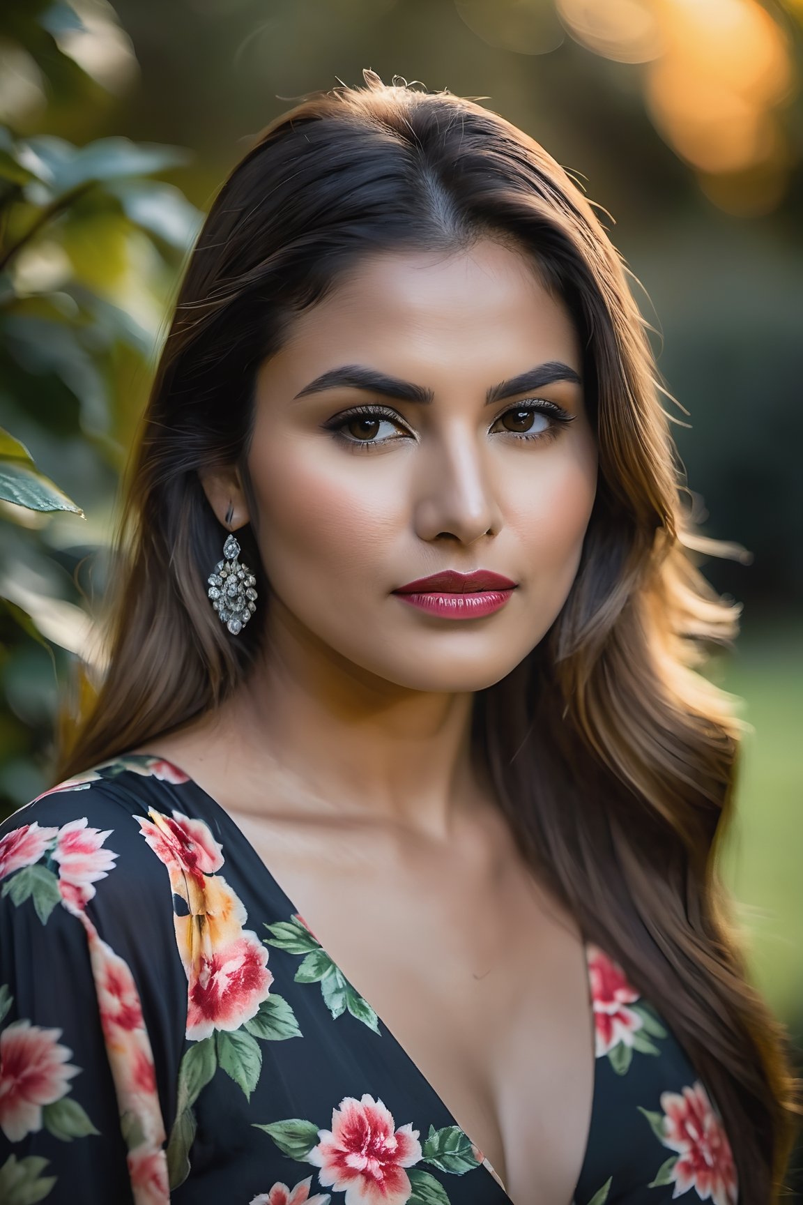 image of a young woman with intense, penetrating eyes and a serene expression, captured in a lush garden at the golden hour, just before sunset. This scene is photographed with the style and quality of a Nikon D850 camera, using settings of 1/160s, f/4, ISO 640, to produce a high-detail, raw quality image. The woman has long, flowing hair and is wearing an elegant, floral-patterned dress that blends with the surrounding garden. The lighting combines warm and cool contrasts, dramatically highlighting her features and creating a mix of soft and intense shadows. Her gaze is profound, reflecting deep emotion and character, akin to the dramatic and textured feel of the elder man's portrait, yet maintaining the tranquility and natural beauty of the garden setting,  (dramatic lighting:1.2), dark backdrop, high detail texture, penetrating stare, Nikon D850, 1/160s, f/4, ISO 640, warm and cool contrast, (character lines:1.1), raw emotion, profound depth,,photo r3al,r4w photo