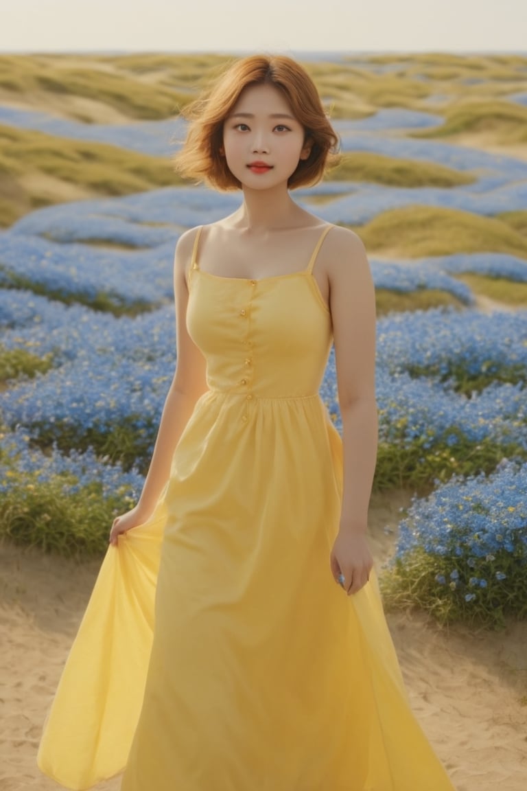 (masterpiece:1.2, best quality), (Soft light), (shiny skin),((A woman walking alone at Hitachi Seaside Park,blue flowers,she is wearing a yellow gown,eye_lashes, light smile, short elegant straight hair, collarbone, victorian, blue eyes, photorealistic, iimpossible_fit,voluptuous,natural eyes, )), heavy Breasted,huge boobs,red lips,thick lips,erotic lips,erotic,sexual,visible thighs,beautiful thighs,lluminated in a photorealistic face, extremely high-quality RAW photograph, detailed background, intricate, Exquisite details and textures, highly detailed, ultra-detailed photograph, warm lighting, detailed skin, detailed eyes, outdoors,  sunrise scenery, cinematic light, film still,Movie Still, Film Still, Cinematic, Cinematic Shot, Cinematic Lighting,long shot,