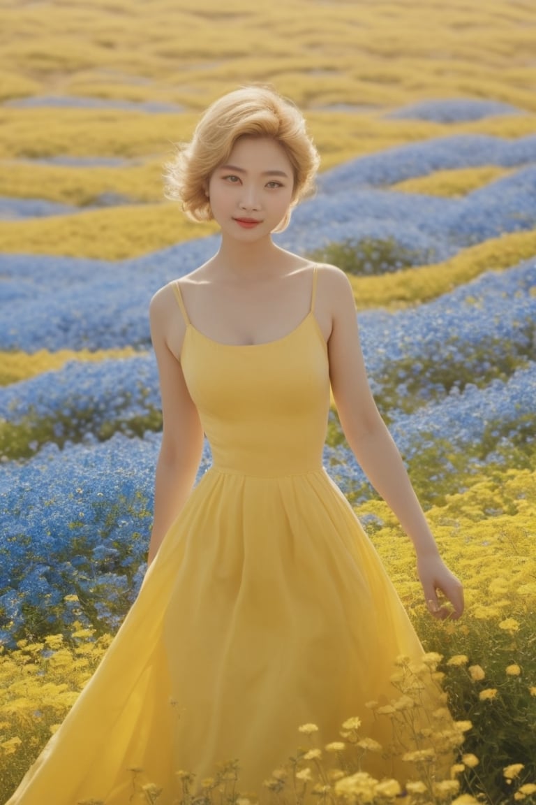 (masterpiece:1.2, best quality), (Soft light), (shiny skin),((A woman walking alone at Hitachi Seaside Park,blue flowers,she is wearing a yellow gown,eye_lashes, light smile, short elegant straight hair, collarbone, victorian, blue eyes, photorealistic, iimpossible_fit,voluptuous,natural eyes, )), heavy Breasted,huge boobs,red lips,thick lips,erotic lips,erotic,sexual,visible thighs,beautiful thighs,lluminated in a photorealistic face, extremely high-quality RAW photograph, detailed background, intricate, Exquisite details and textures, highly detailed, ultra-detailed photograph, warm lighting, detailed skin, detailed eyes, outdoors,  sunrise scenery, cinematic light, film still,Movie Still, Film Still, Cinematic, Cinematic Shot, Cinematic Lighting,long shot,