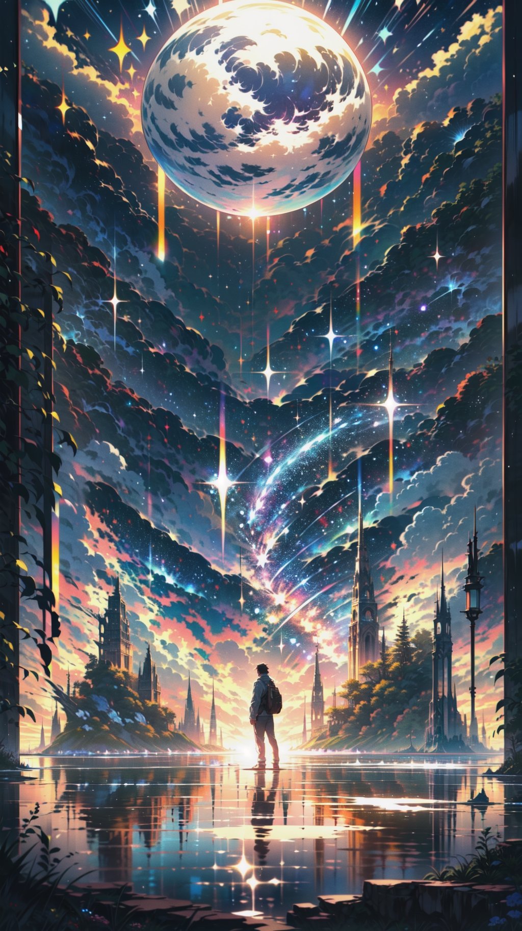 (8k uhd, masterpiece, best quality, high quality), 8K UHD, (man), image is a stunning piece of digital art that transports you to a fantastical landscape. The sky is a cosmic tapestry, filled with stars and nebulae, creating a backdrop for a large, imposing planet. Below this celestial spectacle, the landscape unfolds with rocky cliffs that border a serene body of water. A small boat can be seen on the water, adding a touch of life to the scene. The colors used in the image are strikingly vibrant, enhancing the dreamlike quality of the overall composition,sle