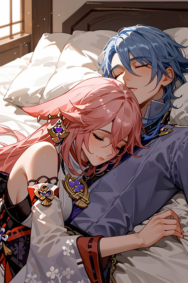 score_9, score_8_up, score_7_up, extremely detailed illustration 8k UHD, 1080P, 1boy, 1girl, duo, sleeping, onbed,kamisato ayato,blue hair,hair between eyes,bangs,mole,mole under mouth,yae miko, pink hair,yae_miko(genshin_impact),blue eyes, purpleeyes, 5 fingers