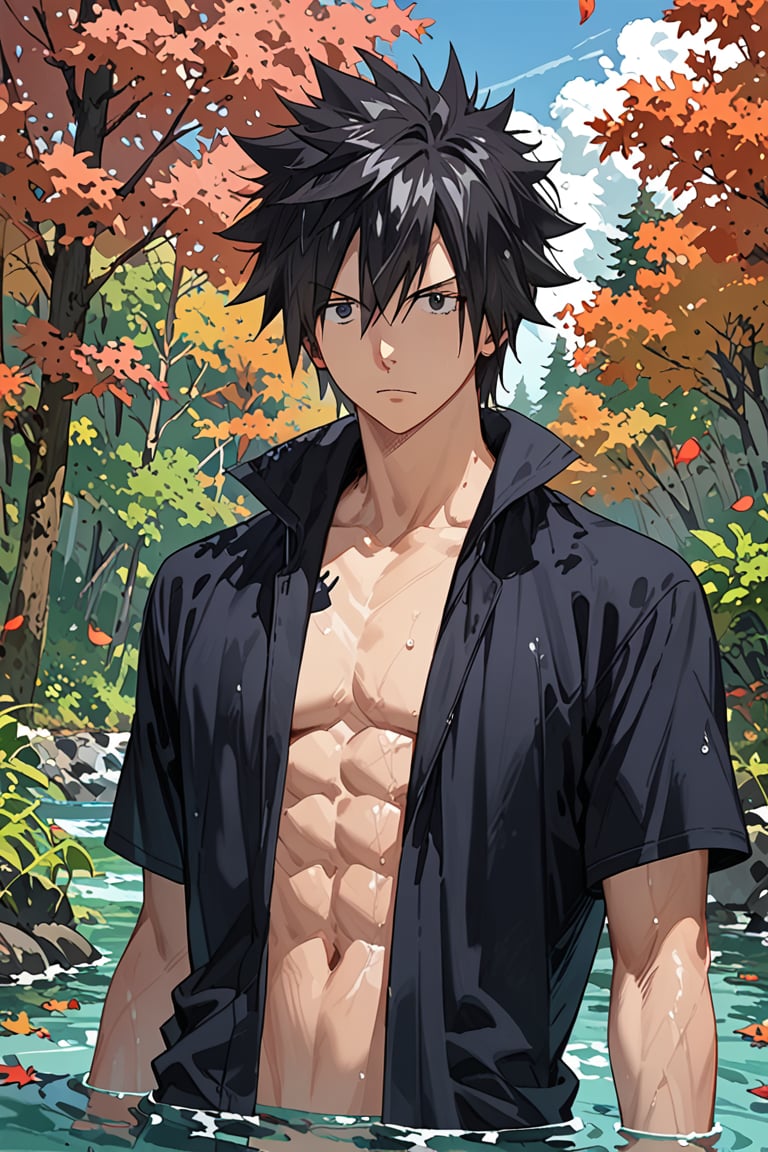 score_9, score_8_up, score_7_up, source_anime, 1boy, solo,gray_fullbuster, black eyes, black hair, spiked hair, in house, looking at sky, no shirt, sakura leaves, maple trees, forest, river, partially submerged in water