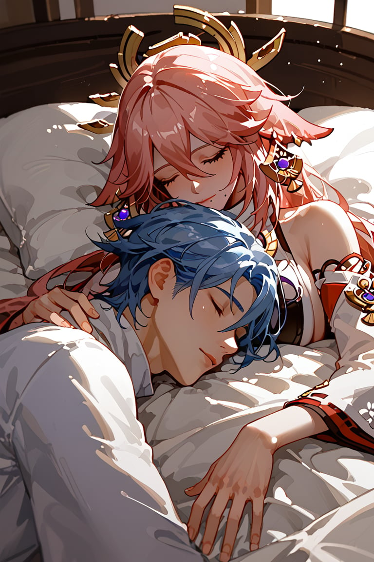 score_9, score_8_up, score_7_up, extremely detailed illustration 8k UHD, 1080P, 1boy, 1girl, duo, sleeping, onbed,kamisato ayato,blue hair,hair between eyes,bangs,mole,mole under mouth,yae miko, pink hair,yae_miko(genshin_impact),blue eyes, purpleeyes, 5 fingers