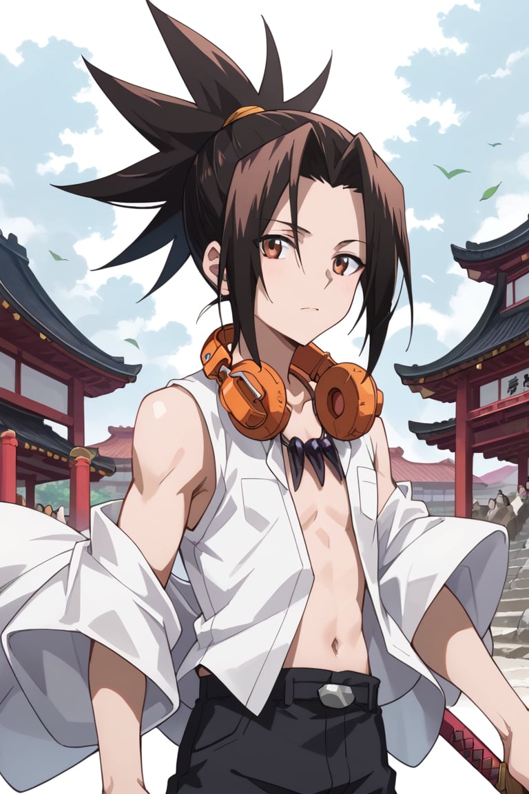 score_9, score_8_up, score_7_up, masterpiece, best quality, absurdres, very aesthetic, source_anime, detailed illustration, 8k UHD, (detailed background:1.1), looking at viewer, 1boy, solo, half body,Asakura Yoh,brown hair,headphonese,spiked hair,medium hair,Ponytail,Necklace,jewelry,Black shirt,sleeveless,shorts,black pants,White shirt, open shirt,Japanese clothes,kimono,Headphones around neck