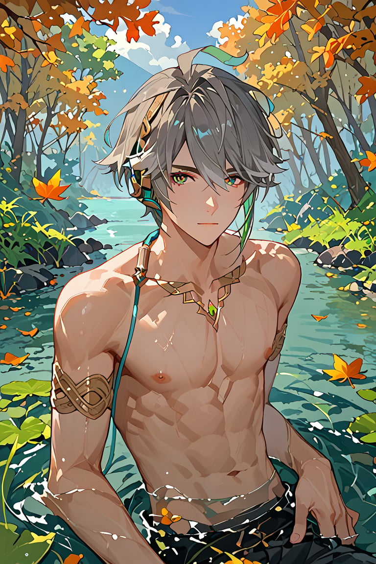 score_9, score_8_up, score_7_up, source_anime, 1boy, solo, , looking at sky, no shirt, sakura leaves, maple trees, forest, river, partially submerged in water,alhaitham,multicolored hair,grey hair,green eyes,orange pupils,earphones,aged down