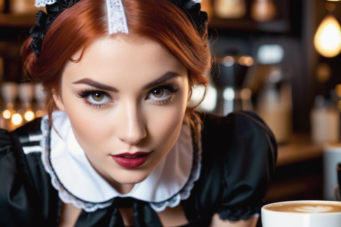 biting lower lip, ((extreme closeup, reaching with cup and leaning forward provocatively over counter into camera)), gorgeous female coffee barista, ((victorian french maid outfit, bare skin)), short redhead, head and shoulders only, late at night