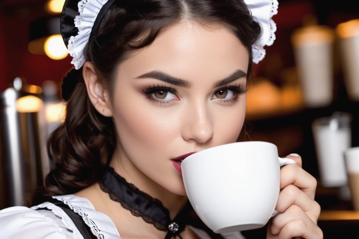 biting lower lip, ((extreme closeup, reaching with cup and leaning forward provocatively over counter into camera)), gorgeous female coffee barista, ((victorian french maid outfit, bare skin)), head and shoulders only, late at night