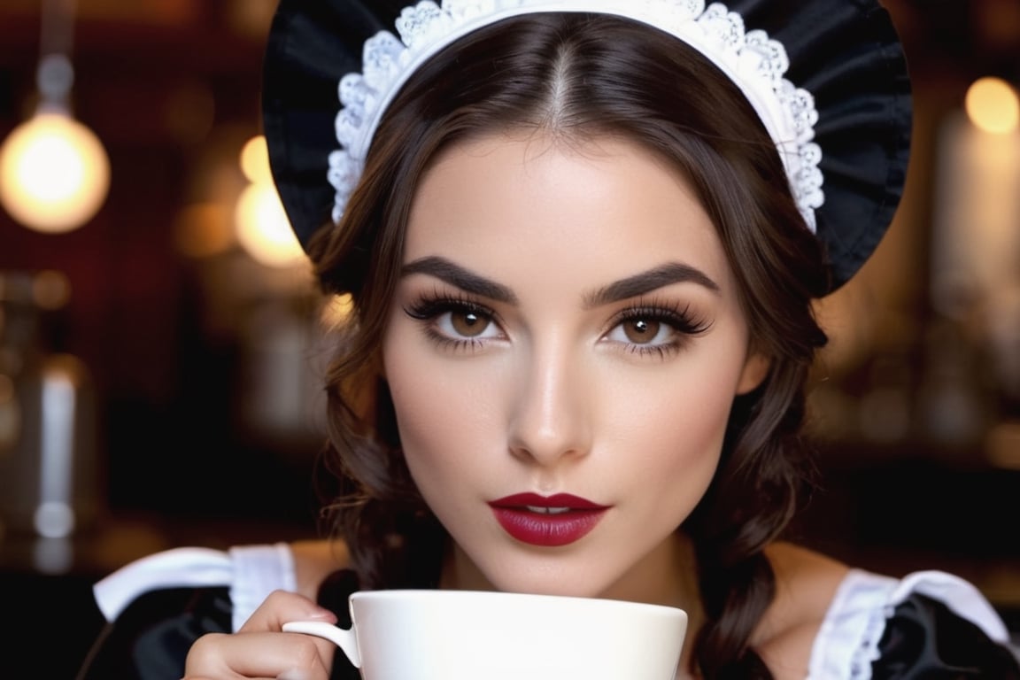 biting lower lip, ((extreme closeup, reaching with cup and leaning forward provocatively over counter into camera)), gorgeous female coffee barista, ((victorian french maid outfit, bare skin)), head and shoulders only, late at night