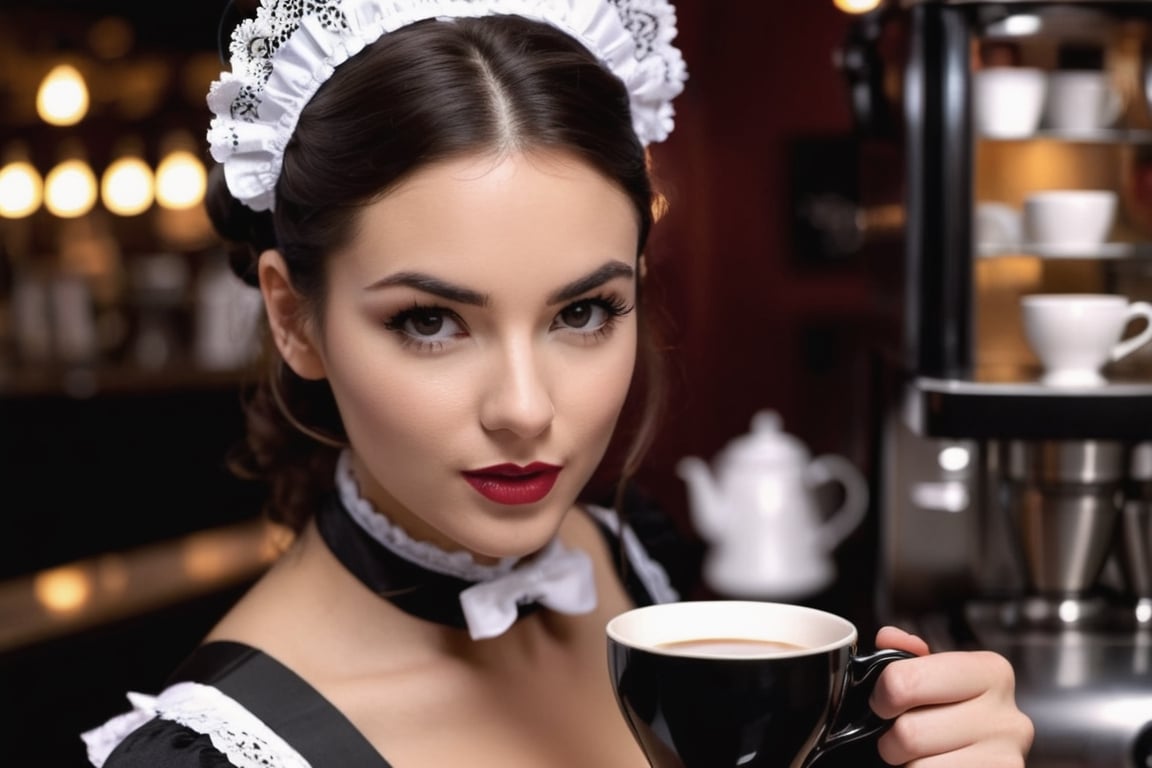 biting lower lip, ((extreme closeup, reaching with cup and bearing chest provocatively over counter into camera)), gorgeous female coffee barista, ((victorian french maid outfit, bare skin)), head and shoulders only, late at night