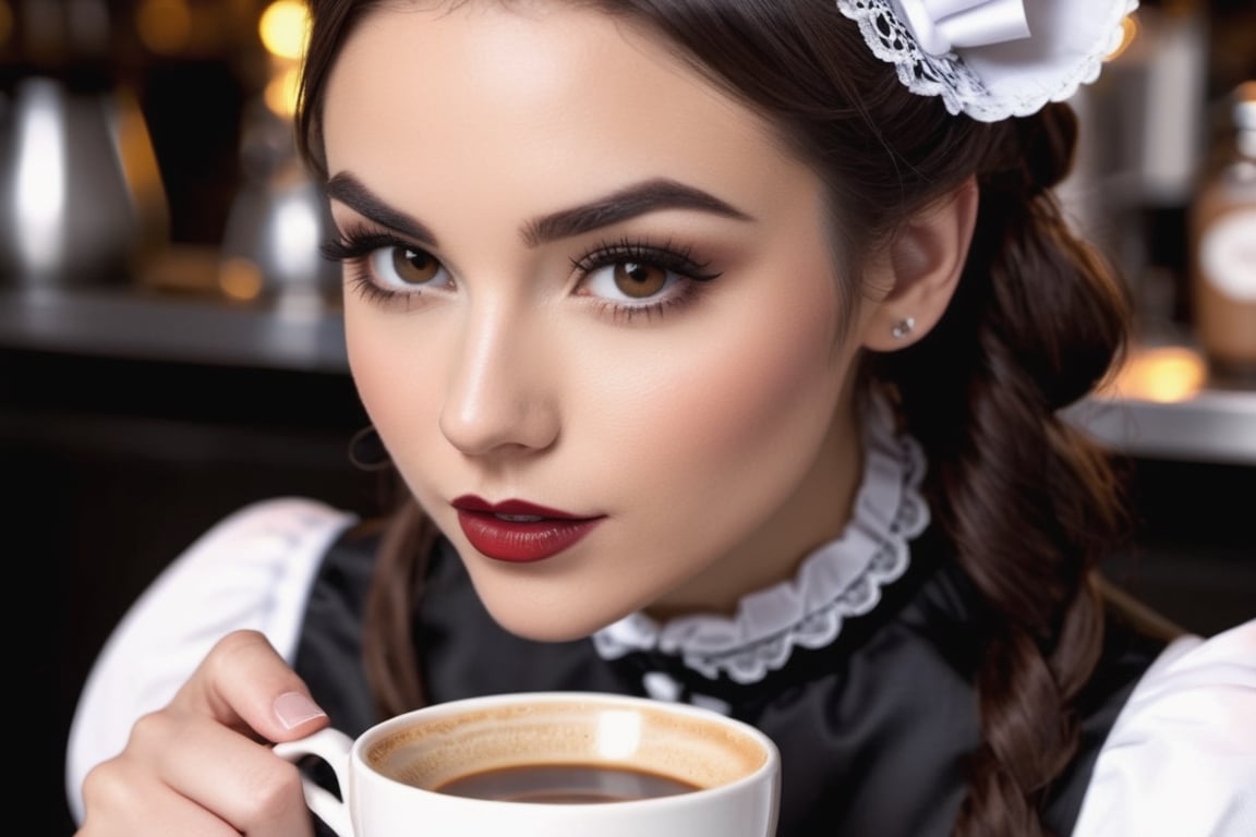 biting lower lip, ((extreme closeup, reaching with cup and leaning forward provocatively over counter into camera)), gorgeous female coffee barista, ((victorian french maid outfit, bare skin)), head and shoulders only, late at night