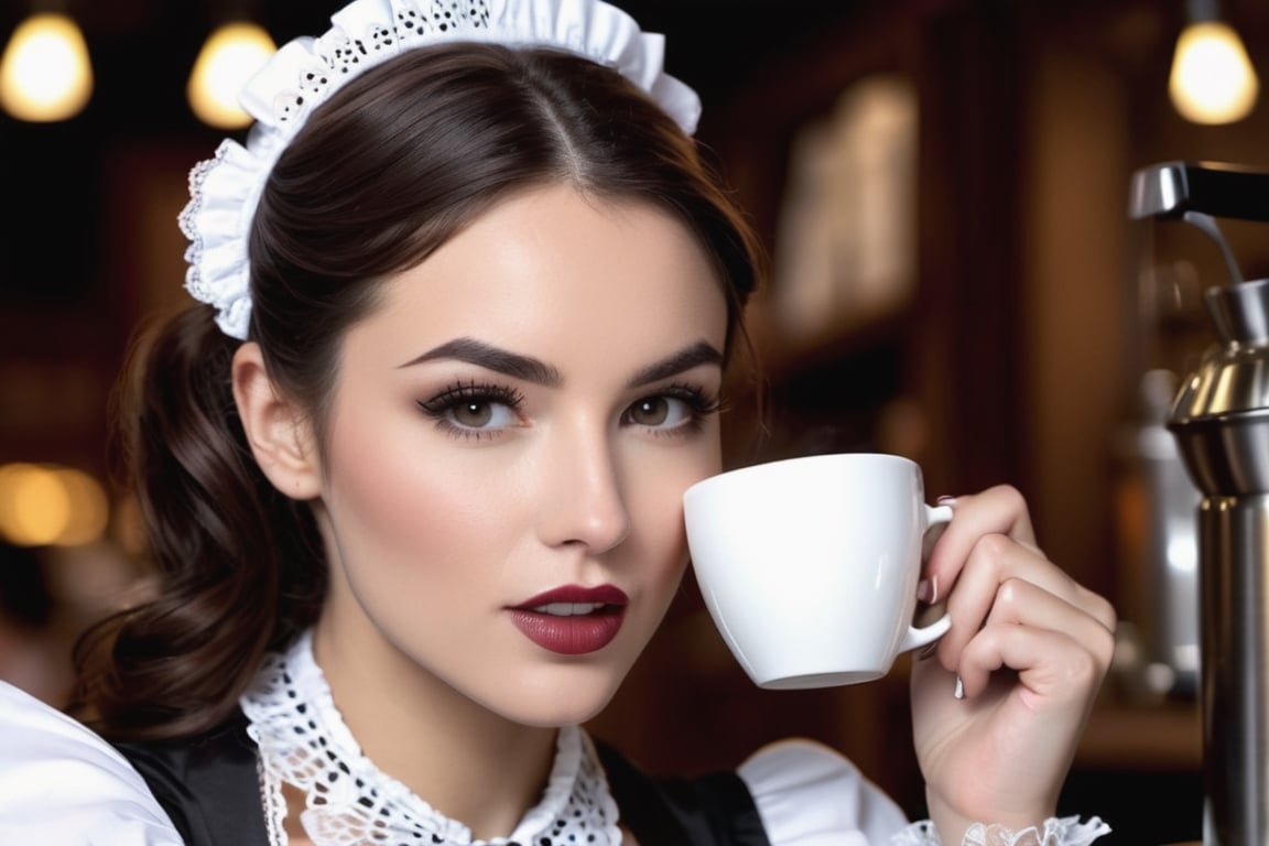 biting lower lip, ((extreme closeup, reaching with cup and leaning forward provocatively over counter into camera)), gorgeous female coffee barista, ((victorian french maid outfit, bare skin)), head and shoulders only, late at night