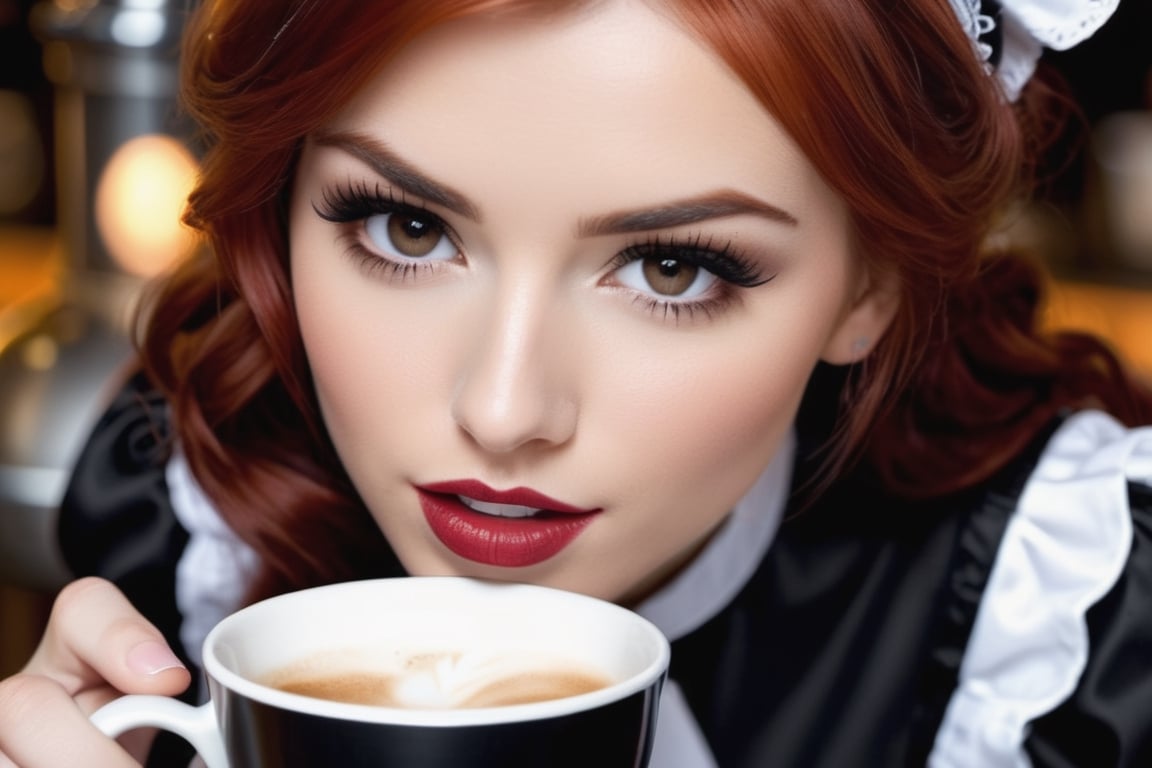 biting lower lip, ((extreme closeup, reaching with cup and leaning forward provocatively over counter into camera)), gorgeous female coffee barista, ((victorian french maid outfit, bare skin)), short redhead, head and shoulders only, late at night