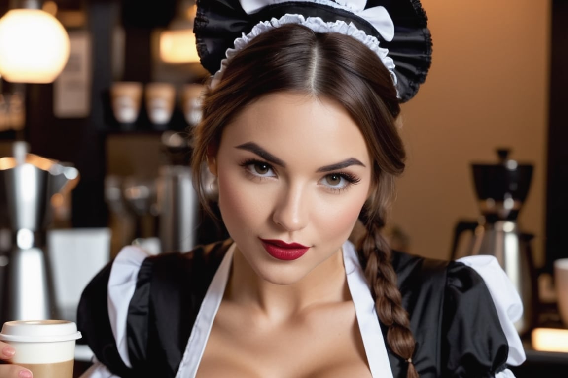 biting lower lip, ((extreme closeup, reaching with cup and leaning forward provocatively over counter into camera)), gorgeous female coffee barista, ((victorian french maid outfit, bare skin)), head and shoulders only, late at night