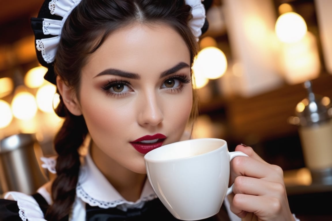 biting lower lip, ((extreme closeup, reaching with cup and leaning forward provocatively over counter into camera)), gorgeous female coffee barista, ((victorian french maid outfit, bare skin)), head and shoulders only, late at night