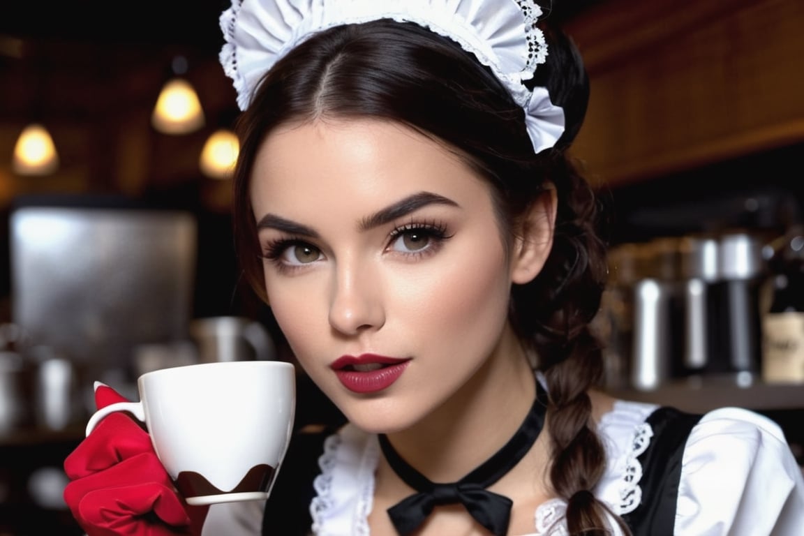 biting lower lip, ((extreme closeup, reaching with cup and bearing chest provocatively over counter into camera)), gorgeous female coffee barista, ((victorian french maid outfit, bare skin)), head and shoulders only, late at night