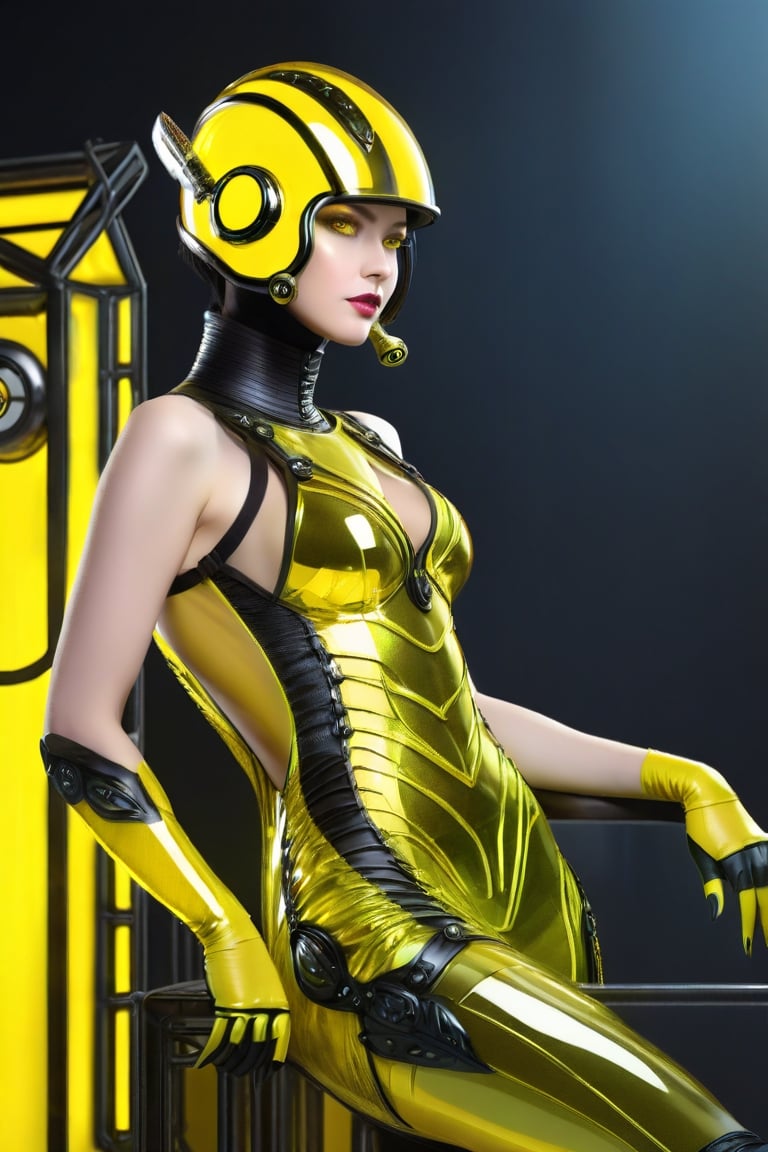 a woman dressed is a yellow and black GLASS dress with a helmet, in the style of cyberpunk realism, zbrush, argus c3, made of insects, industrial machinery aesthetics, shiny eyes, high definition,