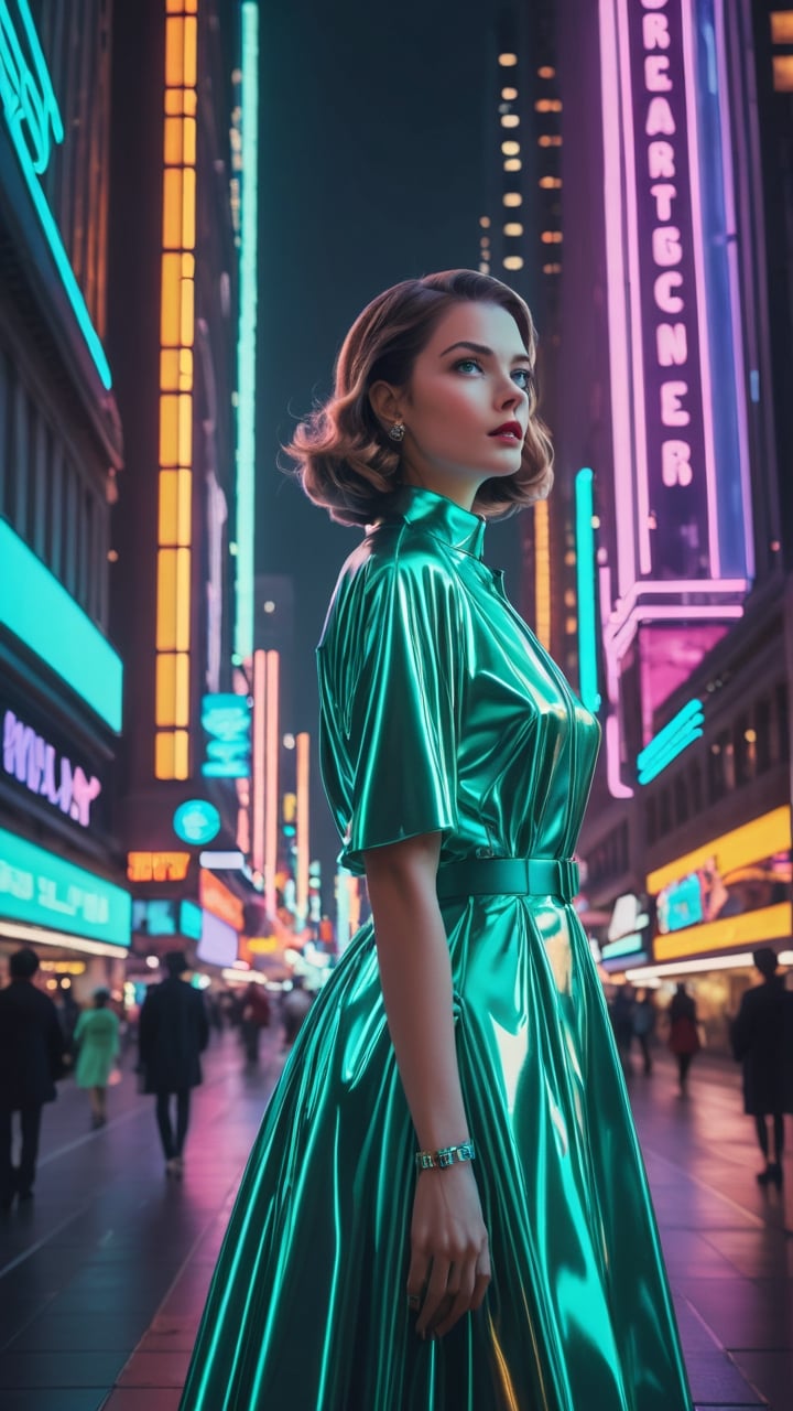 (analog photo) the cityscape is bathed in a soft neon glow, with towering skyscrapers reaching up to touch the stars. Amidst the advanced technology and bustling crowds, a girl-next-door type female stands with an air of curiosity and wonder in her eyes. Her classic charm and approachable demeanor contrast with the sleek and futuristic surroundings. Dressed in a blend of retro and modern fashion, she exudes a timeless allure that captures the essence of both the past and the future. As hover cars whiz by overhead and holographic billboards light up the night, she remains grounded, a symbol of human connection and warmth in a world of dazzling innovations. In this futuristic cityscape, she becomes a beacon of familiarity, reminding us of our shared humanity amidst the wonders of tomorrow.