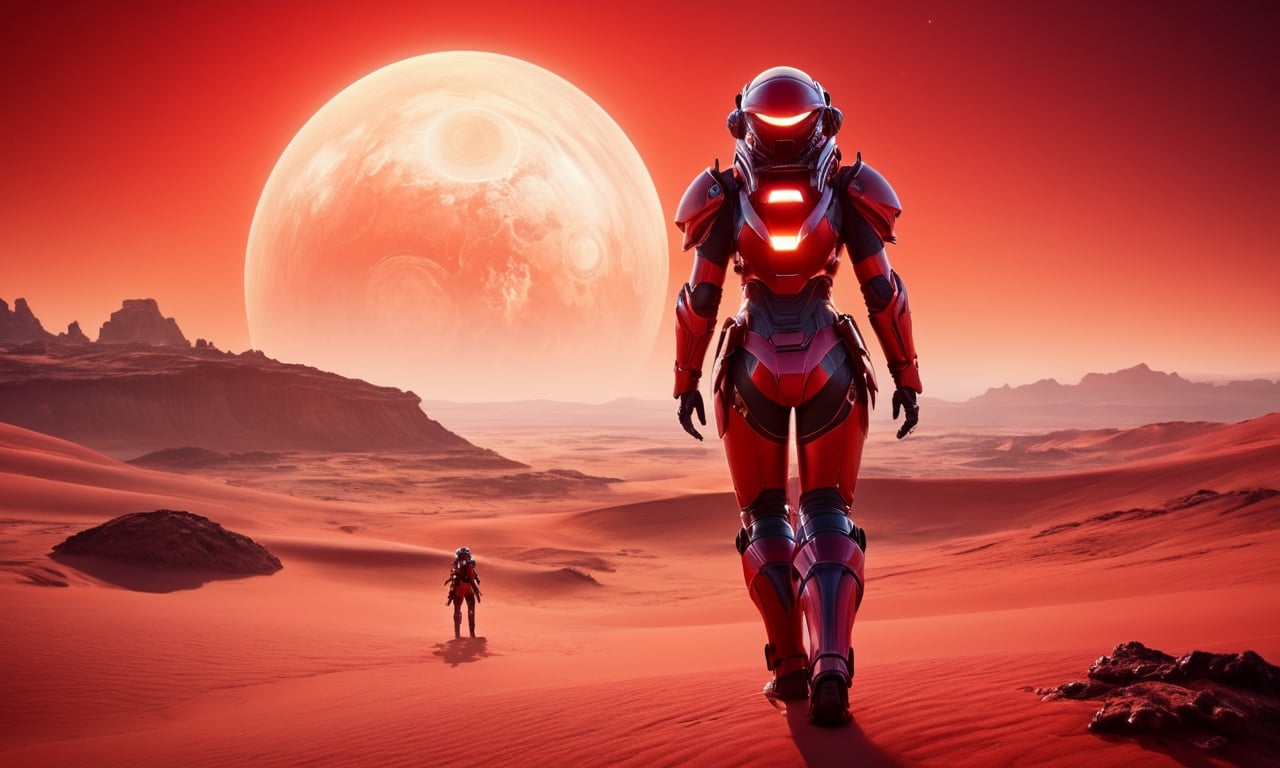 Landscape,1 robot girl, glowing red armor, alien planet background, sand world, dark, epic, cinematic, 128k uhd, raw photo, award winning masterpiece, artstation trend, intricate details, official art, wallpaper art, GLOWING