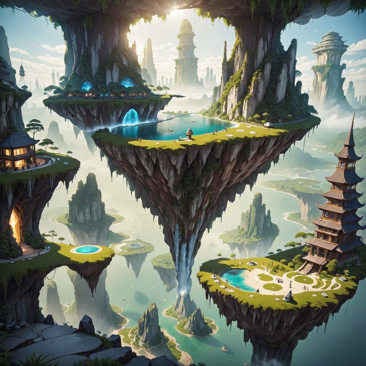 a levitating world in the sky, islands suspended in the sky, freely drifting in the air, like giant puzzle pieces connected by floating levitating bridges. There are cyber buildings on each island, some have gardens and others have waterfalls, one of the islands has a glass dome.,Comic Book-Style 2d,2d,floatingisland,landscapes