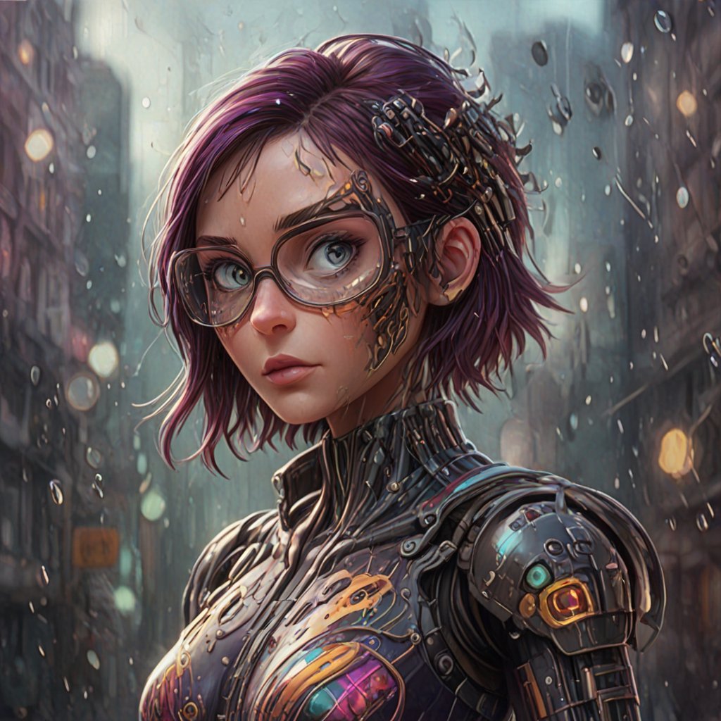 robot girl, cyborg operator. glasses-mask, with digital patterns, colored, entirely made of glass with 30 percent transparency. Cyberpunk city background with bokeh effect,aw0k euphoric style,<lora:659095807385103906:1.0>