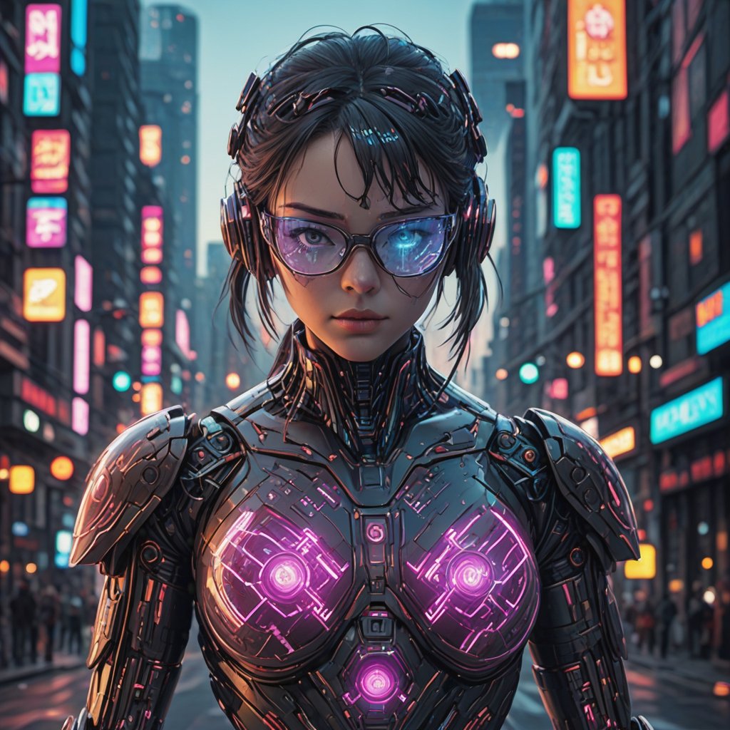 robot girl, cyborg operator. glasses-mask, with digital patterns, colored, entirely made of glass with 30 percent transparency. Cyberpunk city background with bokeh effect,aw0k euphoric style,Mecha body,3d cartoon,girl,shodanSS_soul3142,sdxl,neon,cyberpunk style,<lora:659095807385103906:1.0>