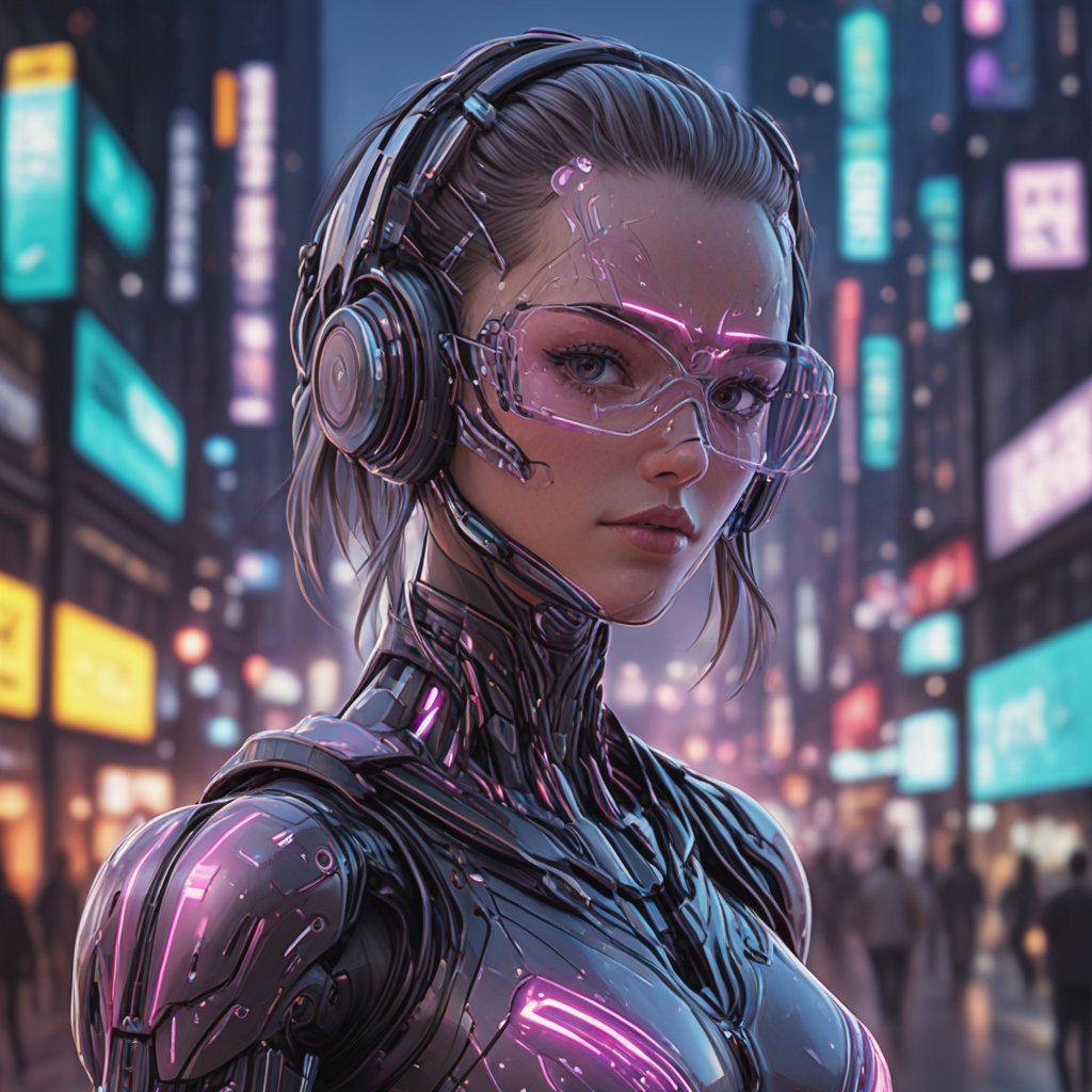 robot girl, cyborg operator. glasses-mask, with digital patterns, colored, entirely made of glass with 30 percent transparency. Cyberpunk city background with bokeh effect,aw0k euphoric style,Mecha body,3d cartoon,girl,shodanSS_soul3142,sdxl,neon,<lora:659095807385103906:1.0>