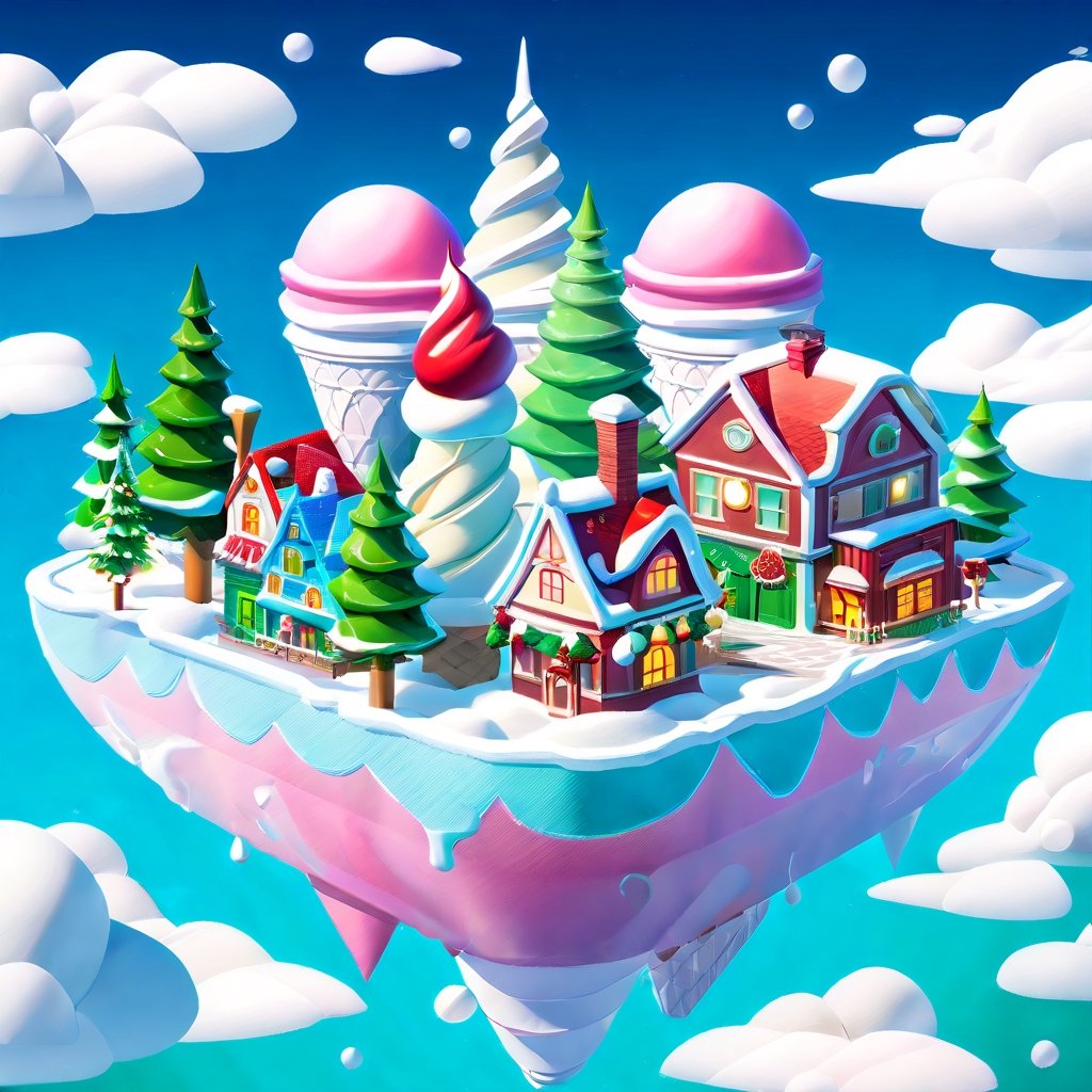 SnowStyle city, Christmas mood, ((((floating))) (huge three scoops ice cream (((city levitating))) melting) (in the sky)), white-red-green glowing, (ice cream city on sky) palace above the clouds, magical reality, in a waffle cone, santa claus house, christmas forest