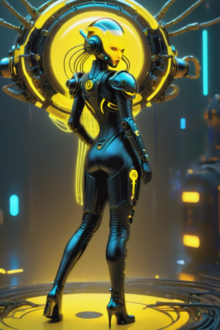 a 1woman dressed is a yellow Transparent Glow and black dress, with a sci-fi onen light helmet, in the style of cyberpunk realism, zbrush, argus c3, made of insects, industrial machinery aesthetics, [[[ Glow eyes ]]], high definition, more detail XL, high mackeup,GLASS,DonMM4ch1n3W0rldXL 