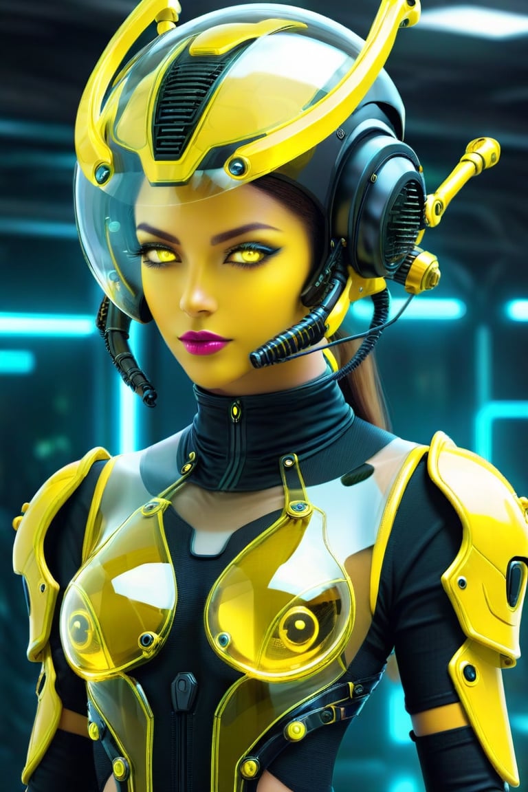 a 1woman dressed is a yellow Transparent Glow and black dress, with a sci-fi onen light helmet, in the style of cyberpunk realism, zbrush, argus c3, made of insects, industrial machinery aesthetics, Glow eyes, high definition, more detail XL