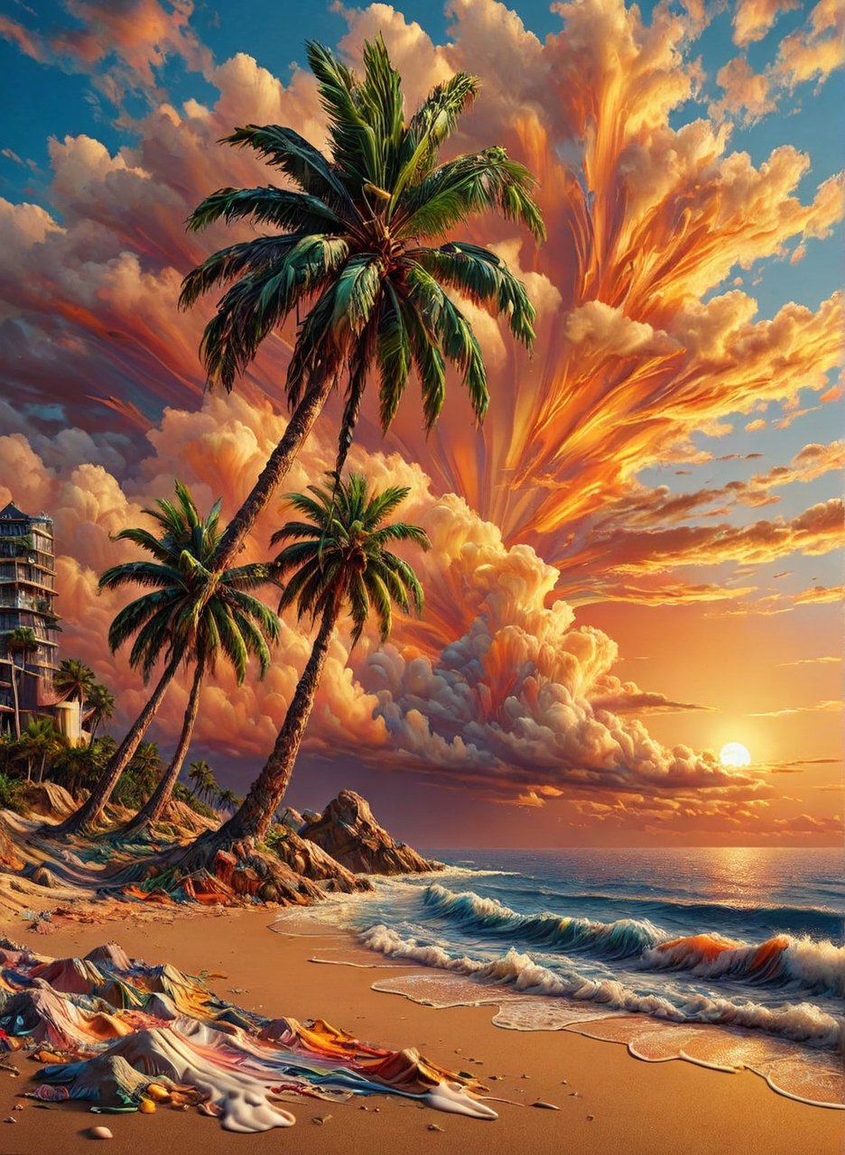 sea bay, beach, palm tree, sunset, orange sky, cloud, magic portal, (masterpiece), (detailed acrylic illustration), (expressionless), (best quality:1.2), High quality texture, intricate details, detailed texture, High quality shadow, Depth of field, light source contrast, perspective,20s,,cinematic_warm_color,covered with ais-acrylicz,ais-acrylicz