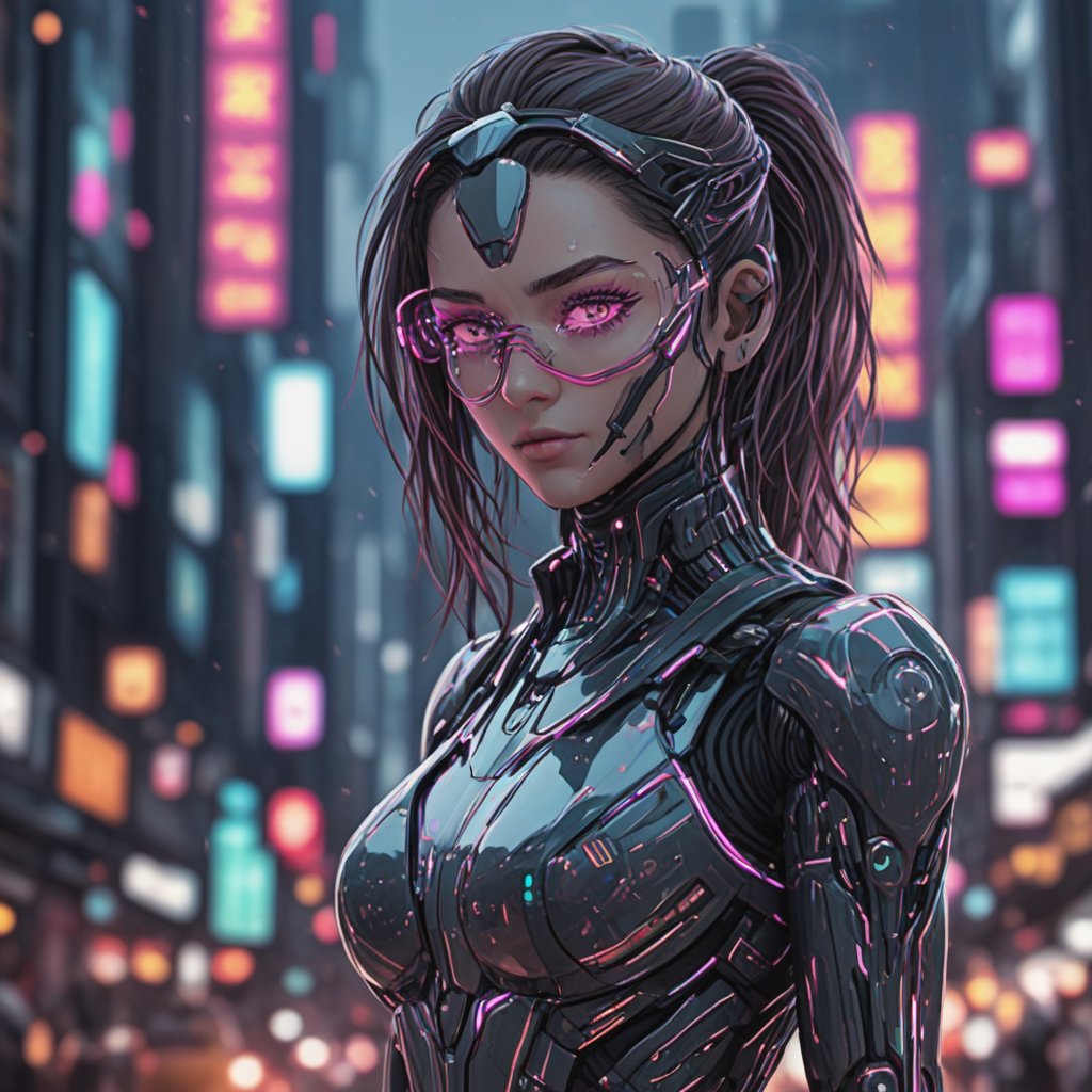 robot girl, cyborg operator. glasses-mask, with digital patterns, colored, entirely made of glass with 30 percent transparency. Cyberpunk city background with bokeh effect,aw0k euphoric style,Mecha body,3d cartoon,girl,shodanSS_soul3142,sdxl,neon,cyberpunk style,<lora:659095807385103906:1.0>