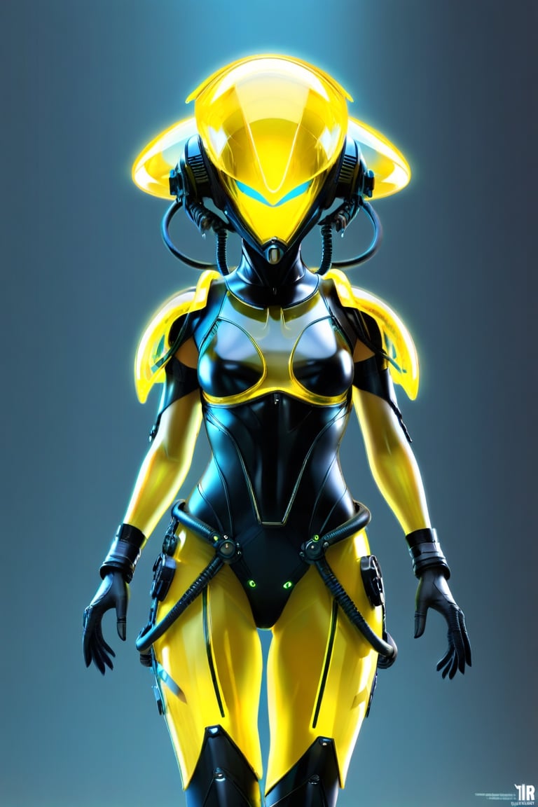 a 1woman dressed is a yellow Transparent Glow and black dress, with a sci-fi onen light helmet, in the style of cyberpunk realism, zbrush, argus c3, made of insects, industrial machinery aesthetics, [[Glow eyes]], high definition, more detail XL, power light mackeup
