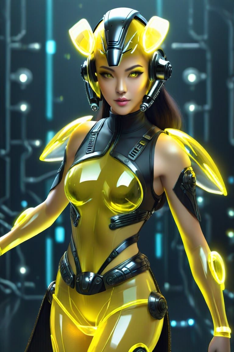 a 1woman dressed is a yellow Transparent Glow and black dress, with a sci-fi onen light helmet, in the style of cyberpunk realism, zbrush, argus c3, made of insects, industrial machinery aesthetics, Glow eyes, high definition,