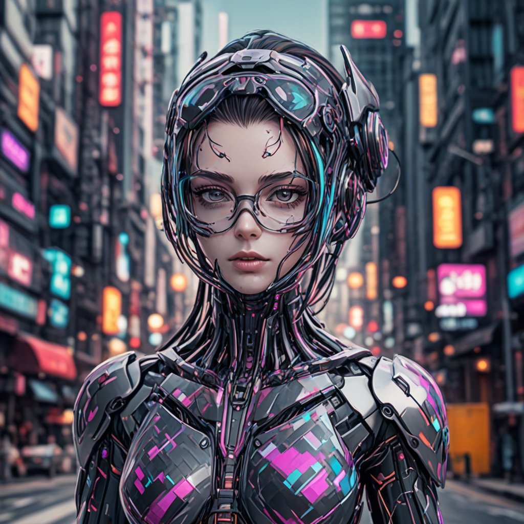 robot girl, cyborg operator. glasses-mask, with digital patterns, colored, entirely made of glass with 30 percent transparency. Cyberpunk city background with bokeh effect,aw0k euphoric style,Mecha body,3d cartoon,girl,shodanSS_soul3142,sdxl,<lora:659095807385103906:1.0>