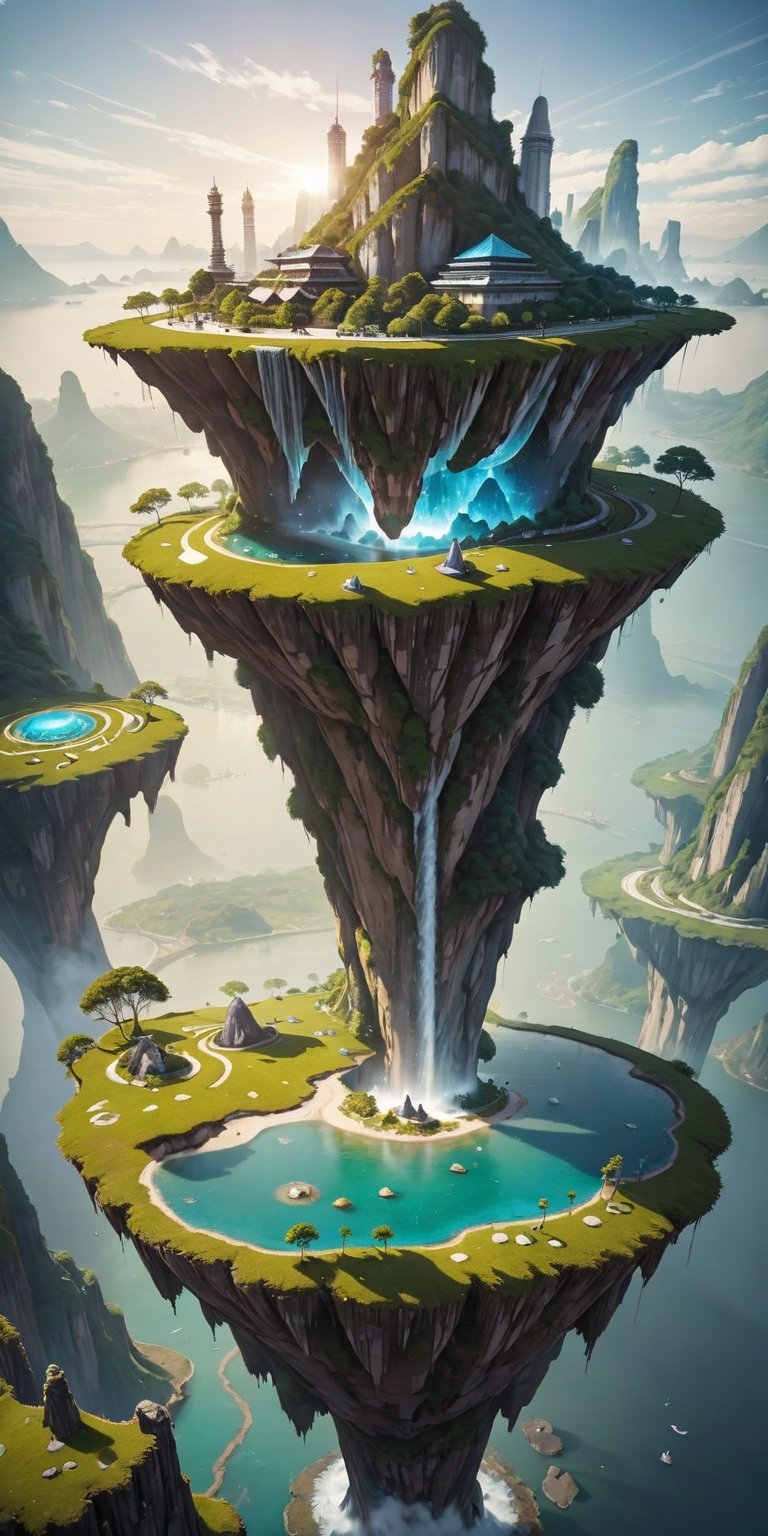 a levitating world in the sky, islands suspended in the sky, freely drifting in the air, like giant puzzle pieces connected by floating levitating bridges. There are cyber buildings on each island, some have gardens and others have waterfalls, one of the islands has a glass dome, floatingisland, landscapes,floatingisland