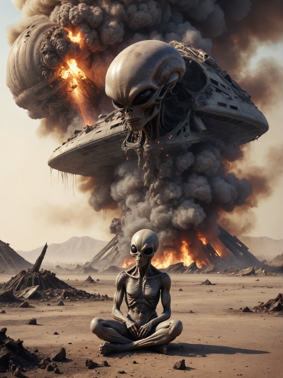 Sad alien in smokes, sitting on a ground, In the distance (An alien ship crashed to the ground, debris burning in the smoke), desert,,cinematic_warm_color, add_more_creative,alien_woman