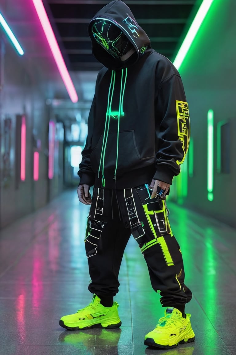 Full-length, standing in the corridor, 1guy dressed in a sweatshirt, a cyber mask connected to a hood, wide trousers with pockets, neon elements on the clothes glow, dark, masterpiece. (Cyberpunk style). TechStreetwear,Digital_Madness,TechStreetwear,Glass Elements