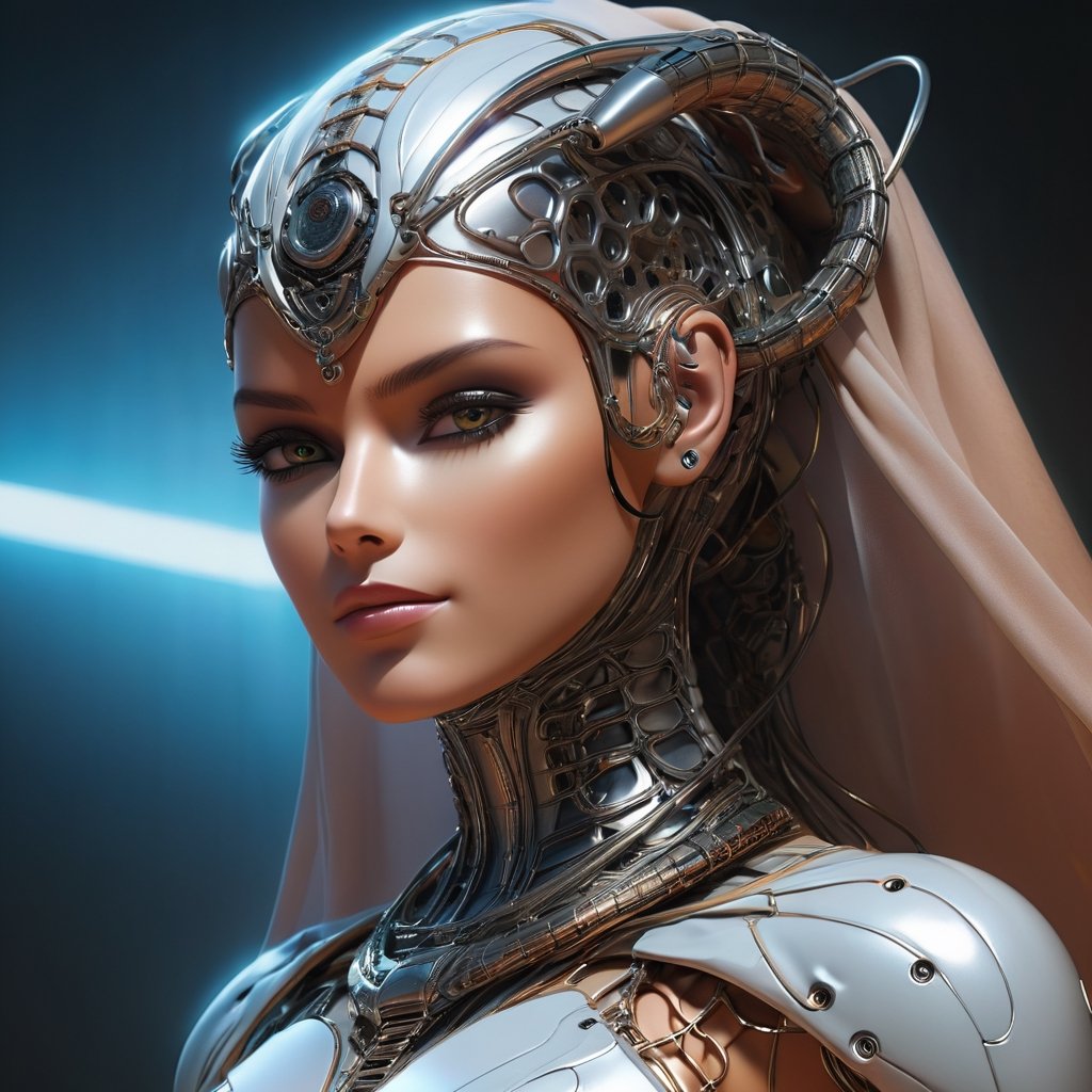 (highres,masterpiece:1.2),ultra-detailed, realistic, physically-based rendering, cyborg woman, Ultra-Modern Burqa or veil, electronic systems on-head humanoids, with a detailed brain that you can see, cranial mechanical parts representation, female face, beautiful detailed Snake Eyes, beautiful detailed lips, muscle wire, flesh-colored skin, metallic elements, digital interface ,glowing circuitry, advanced sensors, ((Translucent mask-Glasses)) ,high-tech prosthetics, seamless integration, artificial intelligence, technological enhancements, wearable technology,modern aesthetics,bionic enhancements,advanced biotechnology,sleek and futuristic design,blending of human and machine,symbolic representation of human evolution,harmonious coexistence of organic and synthetic components,vivid colors,dynamic lighting,Gric,more detail XL