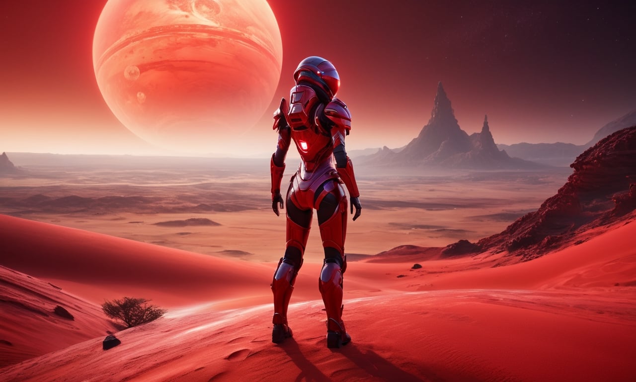 Landscape,1 robot girl, glowing red armor, alien planet background, sand world, dark, epic, cinematic, 128k uhd, raw photo, award winning masterpiece, artstation trend, intricate details, official art, wallpaper art, GLOWING