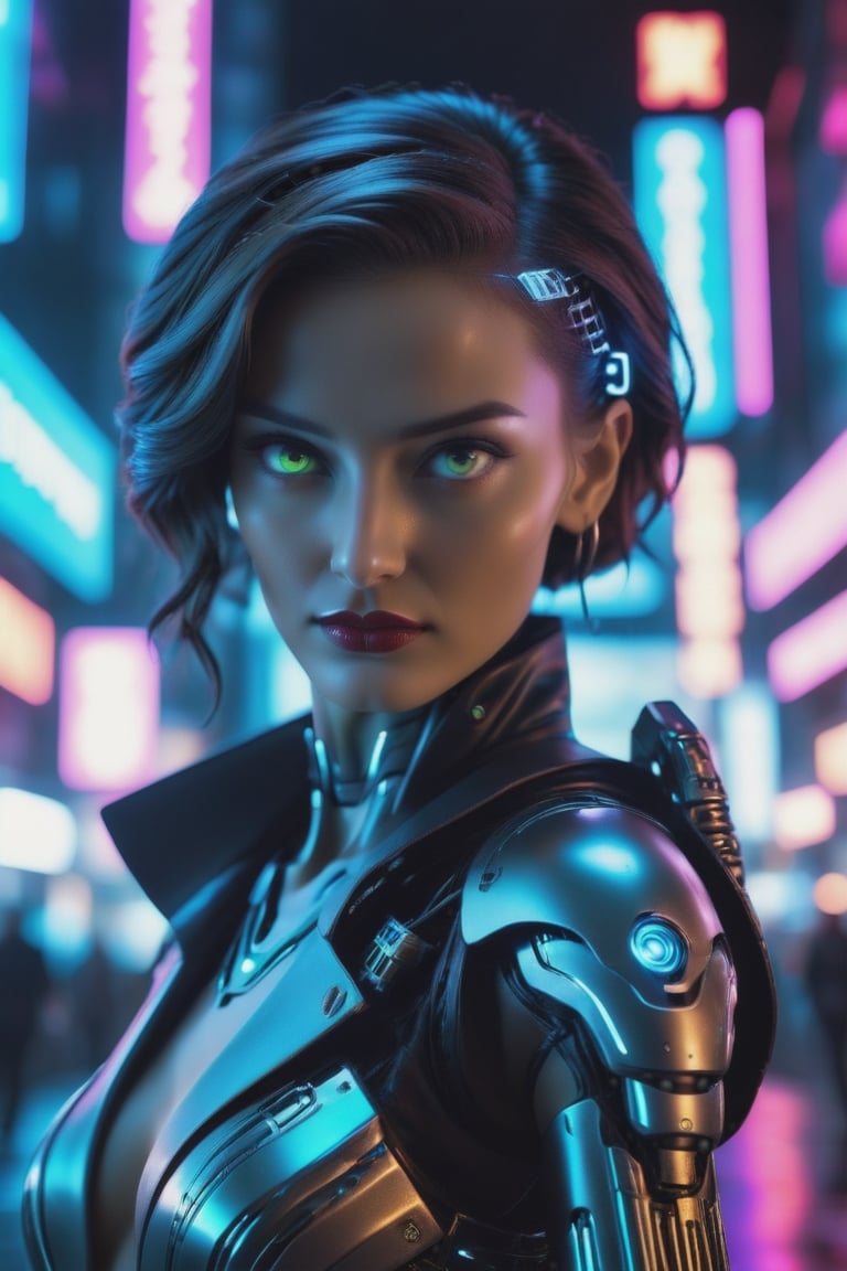 Hyperrealistic art cinematic photo Neon noir beautiful woman semi robot taking selfie,looking at viewer, . Cyberpunk, dark, rainy streets, neon signs, high contrast, low light, vibrant, highly detailed . 35mm photograph, film, bokeh, professional, 4k, highly detailed . Extremely high-resolution details, photographic, realism pushed to extreme, fine texture, incredibly lifelike, weapon,GLASS