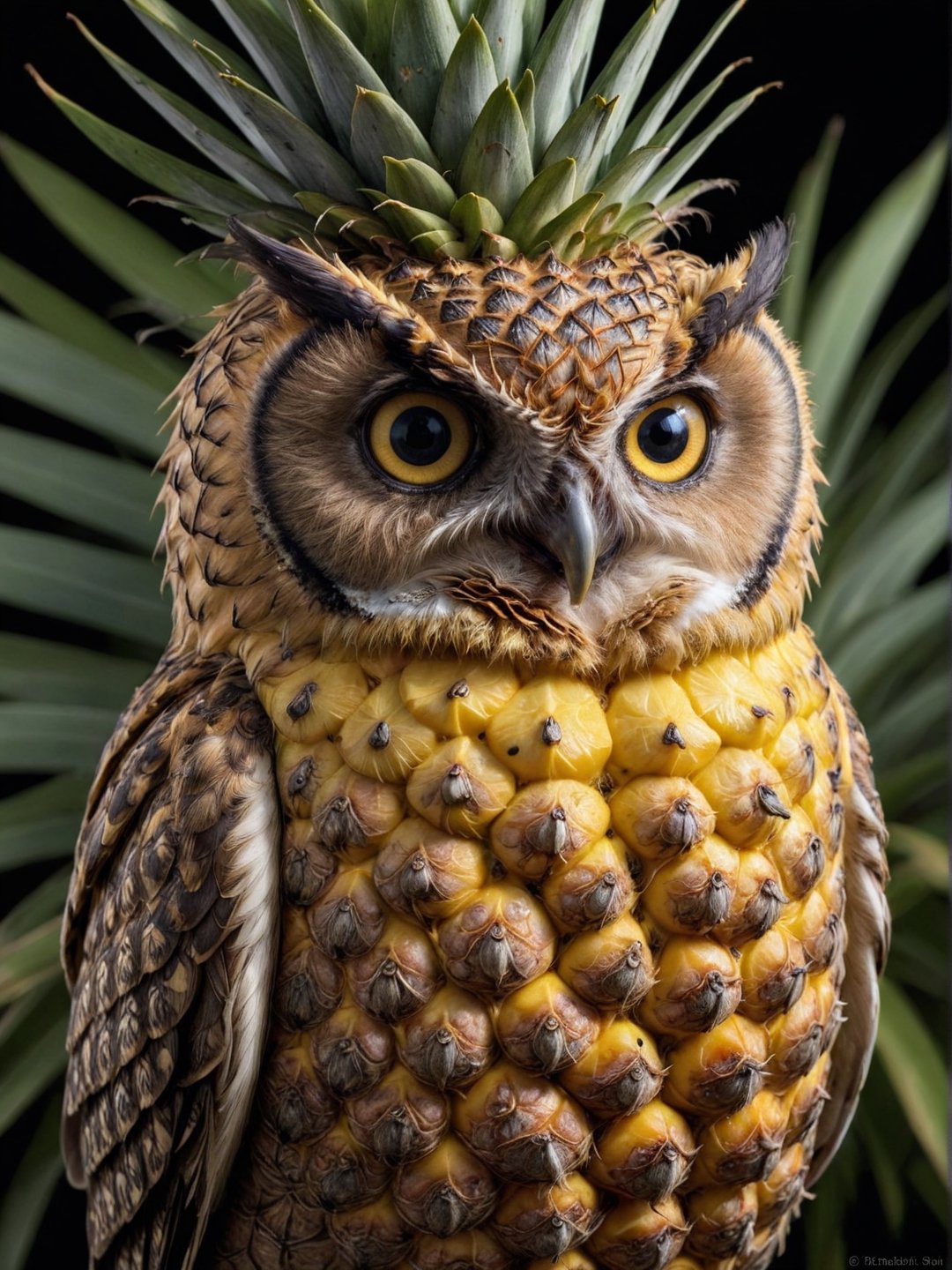 (pineapple) owl hybrid, sharp focus, award-winning photograph