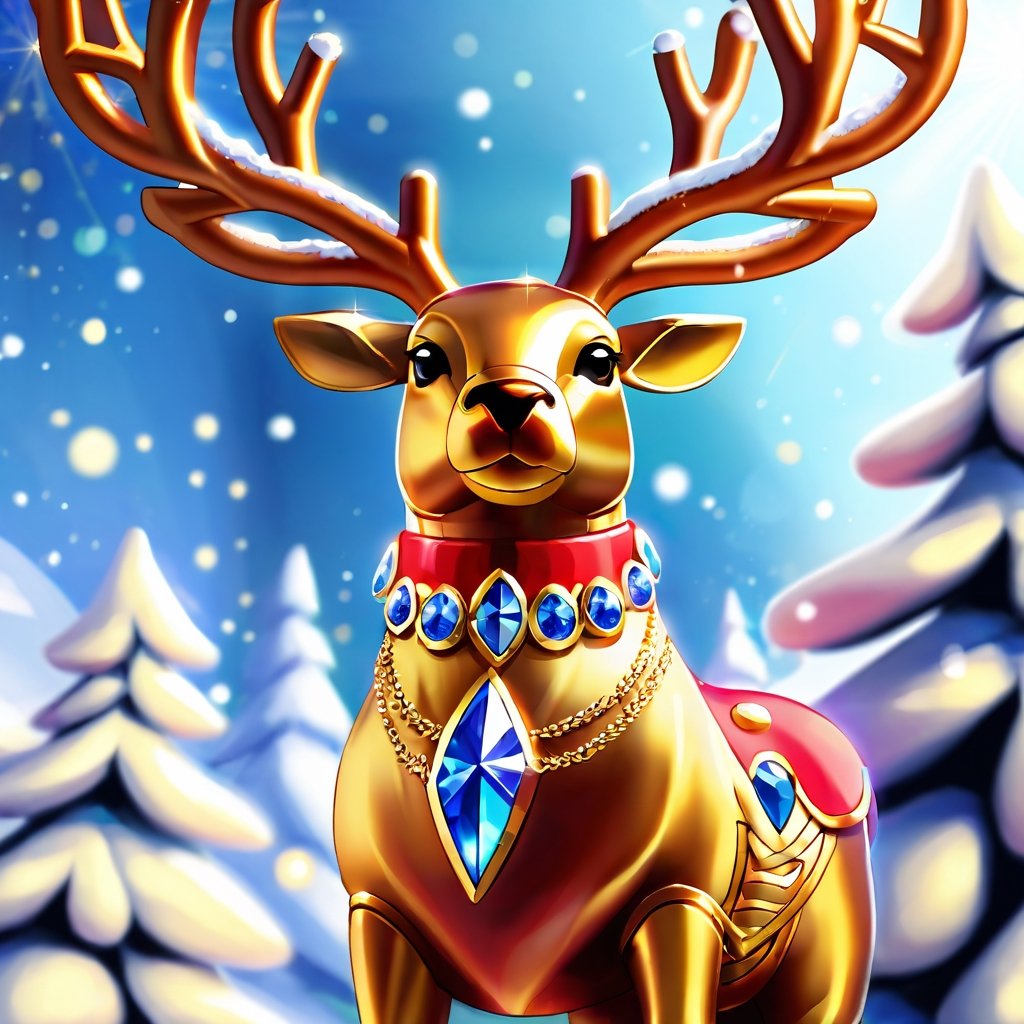 masterpiece, best quality, 4K, 8K, ultra detailed background, delicate pattern, complex detailed background, studio lighting, yellow back light, depth of field, fantastic,
view from below, view from a 45-degree angle, face to camera, looking at camera,
(crystal reindeer:1.2), red armor, glowing reindeer, stylish pose, cinematic angle, Jewelry,
necklace, long reindeer antlers,
Christmas tree,Christmas decoration, snow, snowing,  mechanical skeleton, chibi