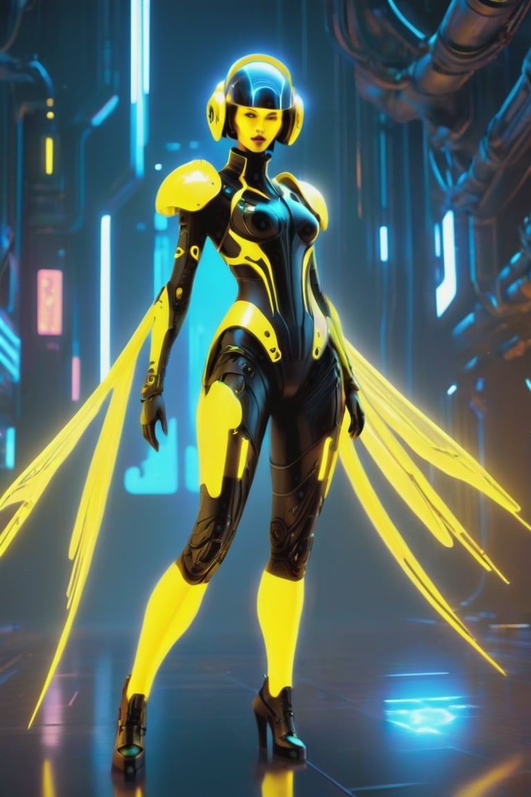 a 1woman dressed is a yellow Transparent Glow and black dress, with a sci-fi onen light helmet, in the style of cyberpunk realism, zbrush, argus c3, made of insects, industrial machinery aesthetics, [[[ Glow eyes ]]], high definition, more detail XL, high mackeup,GLASS,DonMM4ch1n3W0rldXL 