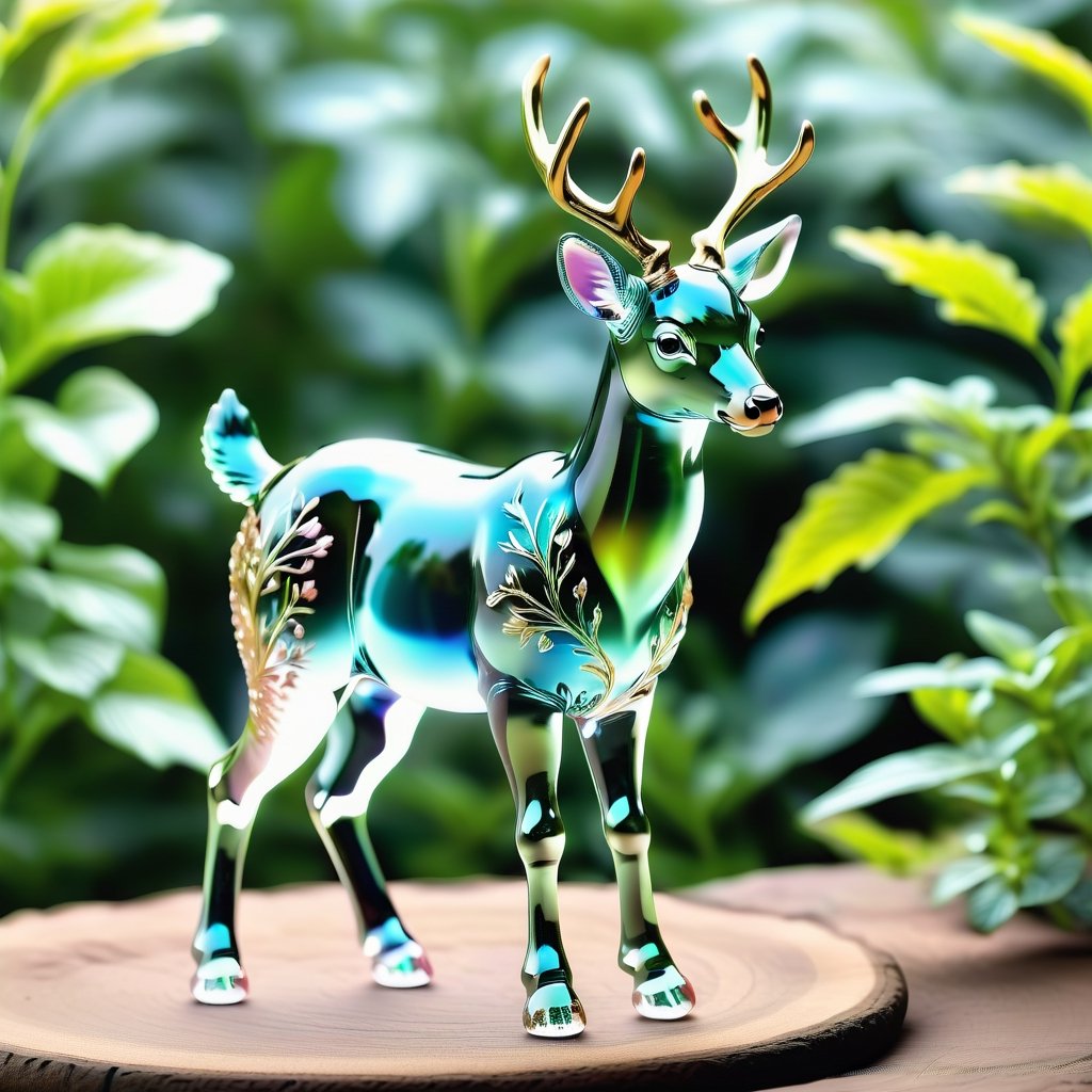 extremely delicate iridiscent deer made of glass, translucent, tiny golden accents, beautifully and intricately detailed, ethereal glow, whimsical, art by Mschiffer, best quality, glass art, magical holographic glow,Glass Elements,ByteBlade