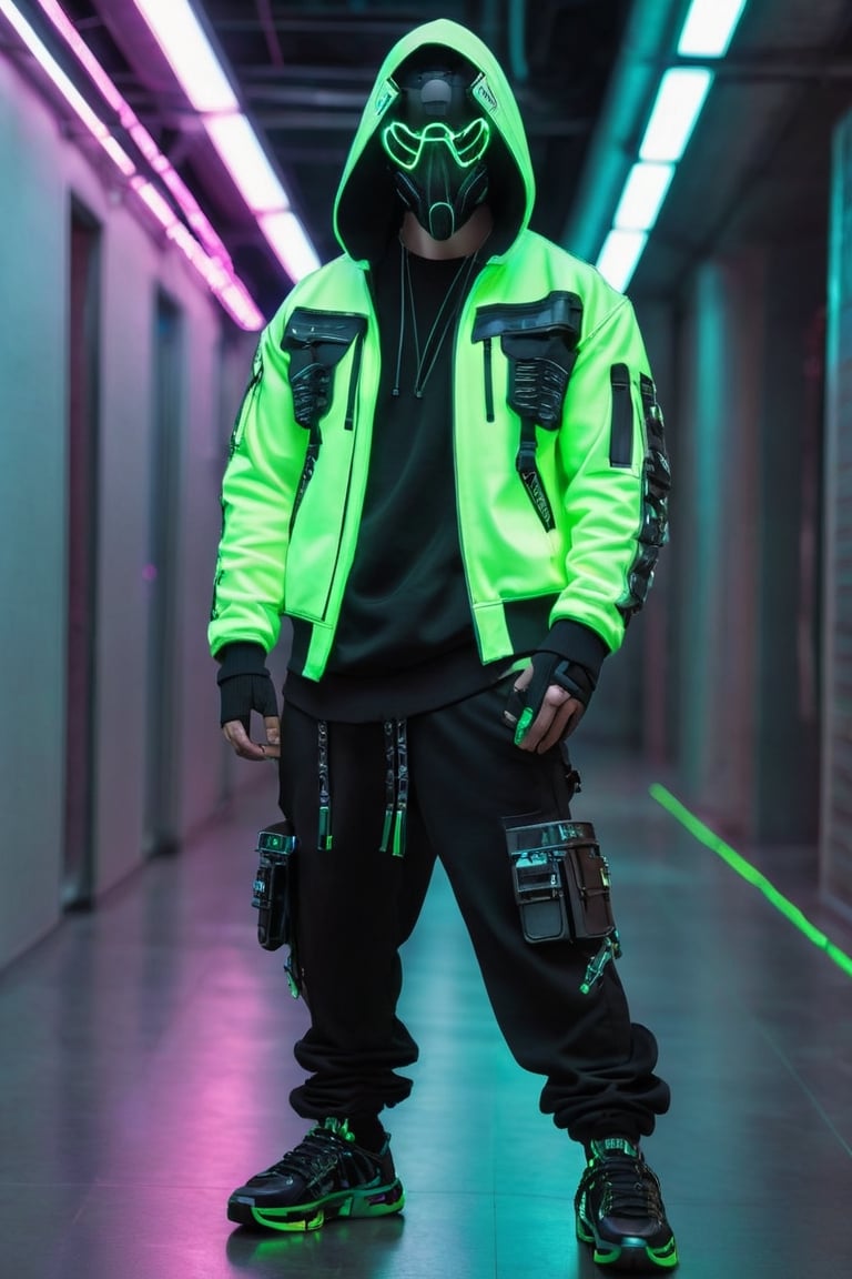 Full-length, standing in the corridor, 1guy dressed in a sweatshirt, a cyber mask connected to a hood, wide trousers with pockets, neon elements on the clothes glow, dark, masterpiece. (Cyberpunk style). TechStreetwear,Glass Elements