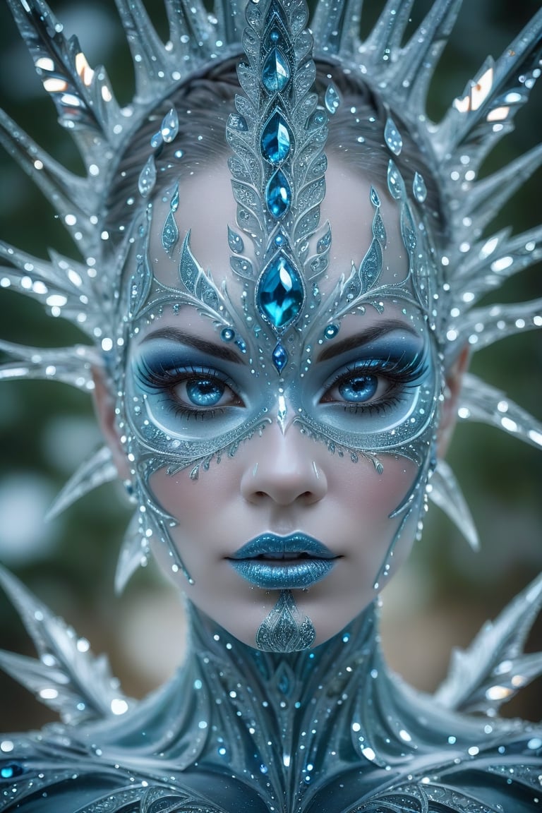 Rorschach Editorial Photography, close up Face, Frost Goddess, Neo Tribal frost Art, detailed skin, ((Background Christmas Tree:1.2) Bokeh:0.7), frost crystal,Glass Elements,(Transperent Parts),