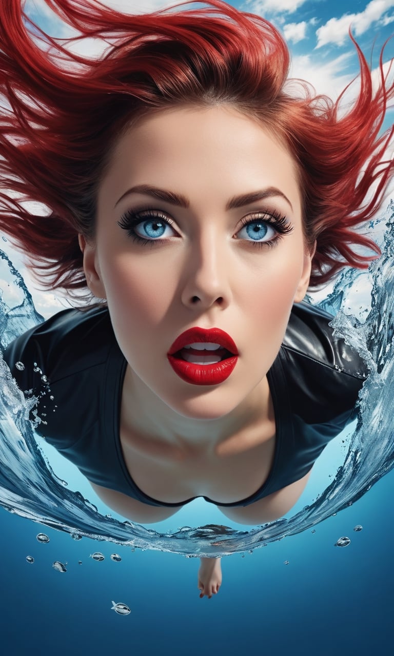 (realism,masterpiece,top quality,best quality,official art,beautiful and aesthetic:1.2), (full body:1.0), Dynamic Angle, Perspective, High Point,pov(from above:1.2), (Fisheye lens:1.2)jumping
blue eyesA mature facesideways glance, (cold attitude,eyeshadow,eyeliner:1.1),(red lips:1.2),watery eyes,
A shot with tension(sky glowsVisual impact,giving the poster a dynamic and visually striking appearance:1.2),Chinese Zen style,impactful picture,
