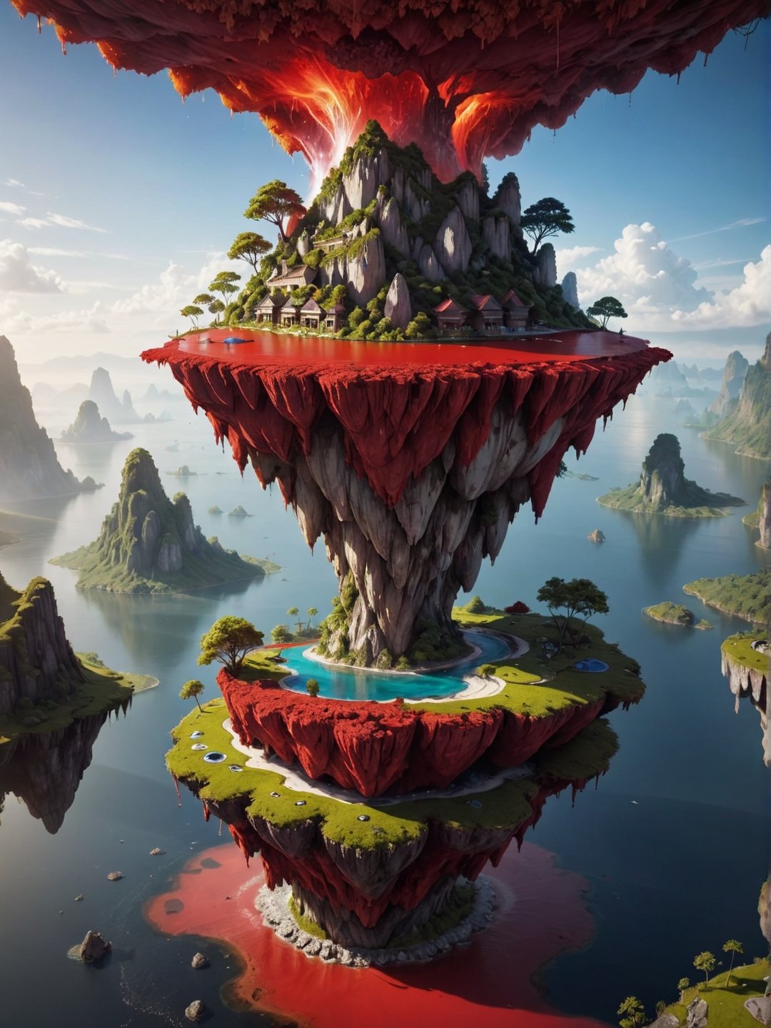 floating island, vibrant red, 8K, 