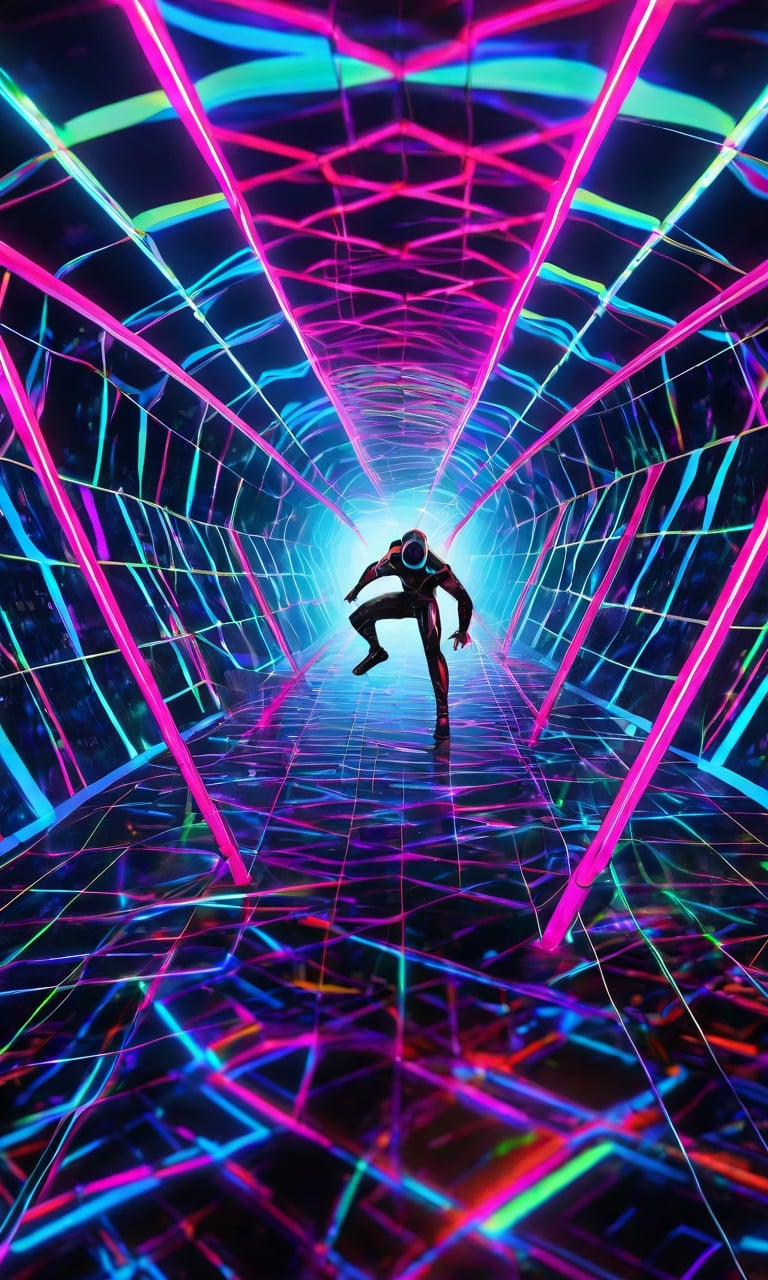 Psychedelic net dive, a cyber-surfer navigating through a web of neon-lit data streams, dodging digital obstacles with fluid grace. , Artificial intelligence, Blade punkByteBlade